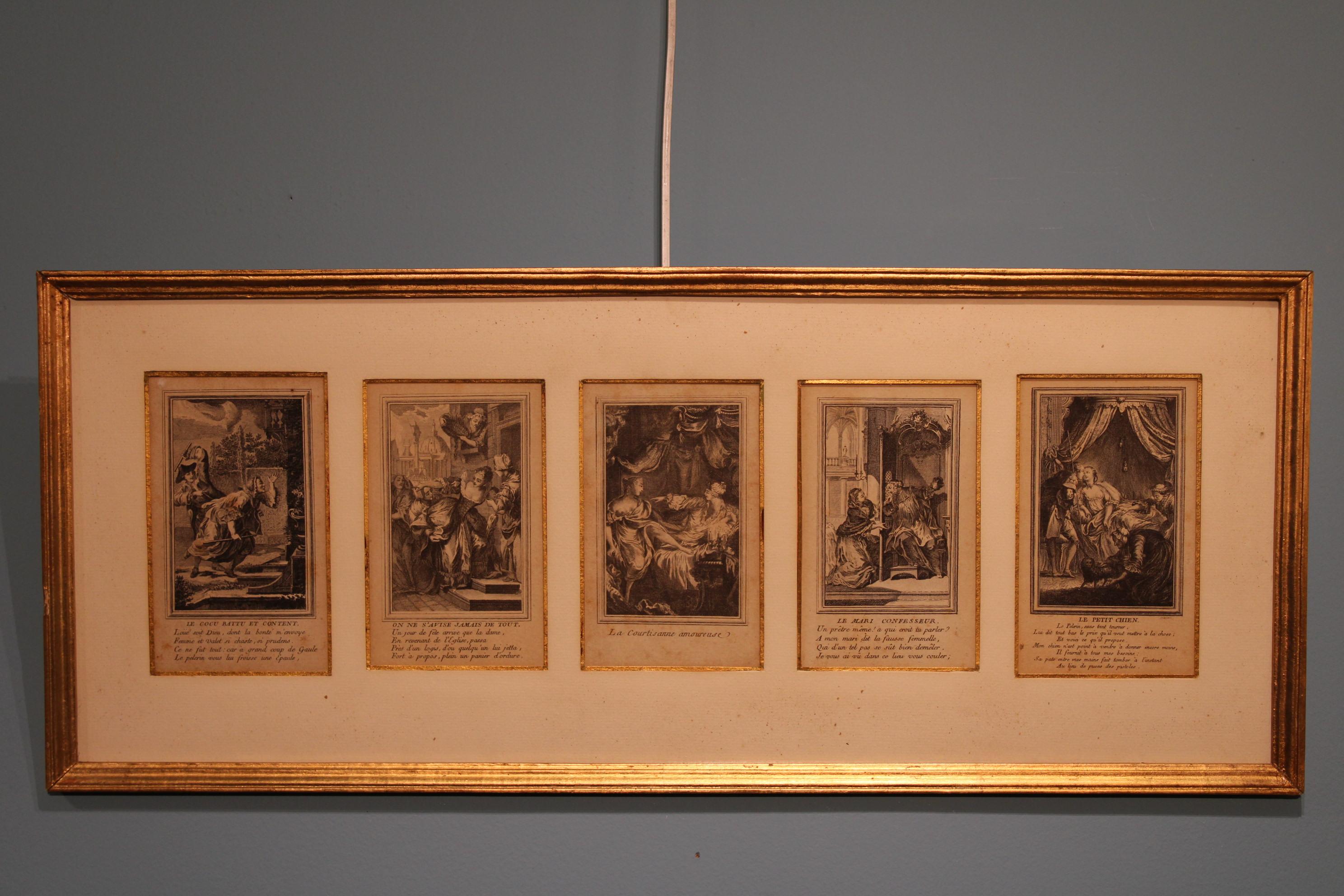 5 Stiche gerahmt, 18. Jahrhundert.

Maße mit Rahmen: 59 x 24 x 1 cm
Abmessungen der Bilder: 8 x 14 cm.
