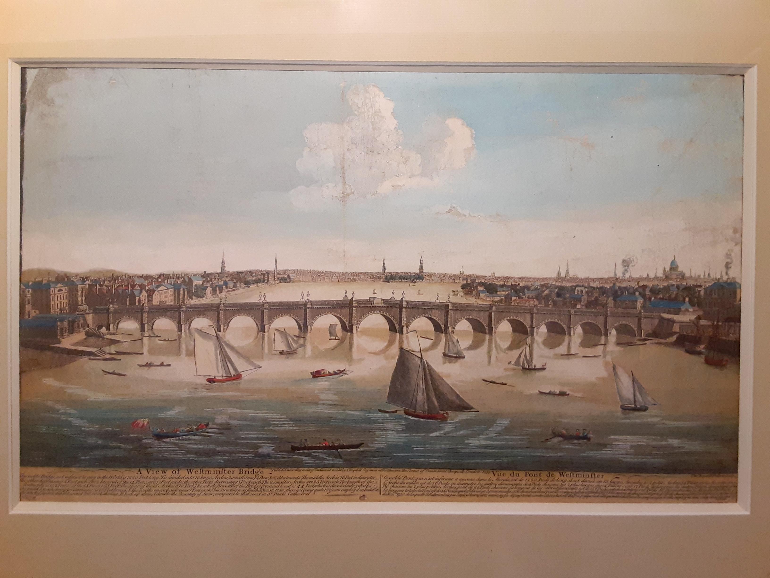 18th century etching of Westminster Bridge, London, giltwood frame, marked 1753, hand-colored.

Dimensions (framed): 24” W x 17.5” H x 0.5” D
Dimensions (etching): 16” W x 10” H.
