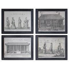 Gravures encadrées d'intérêt ethnographique d'Asie et de temples du 18e siècle