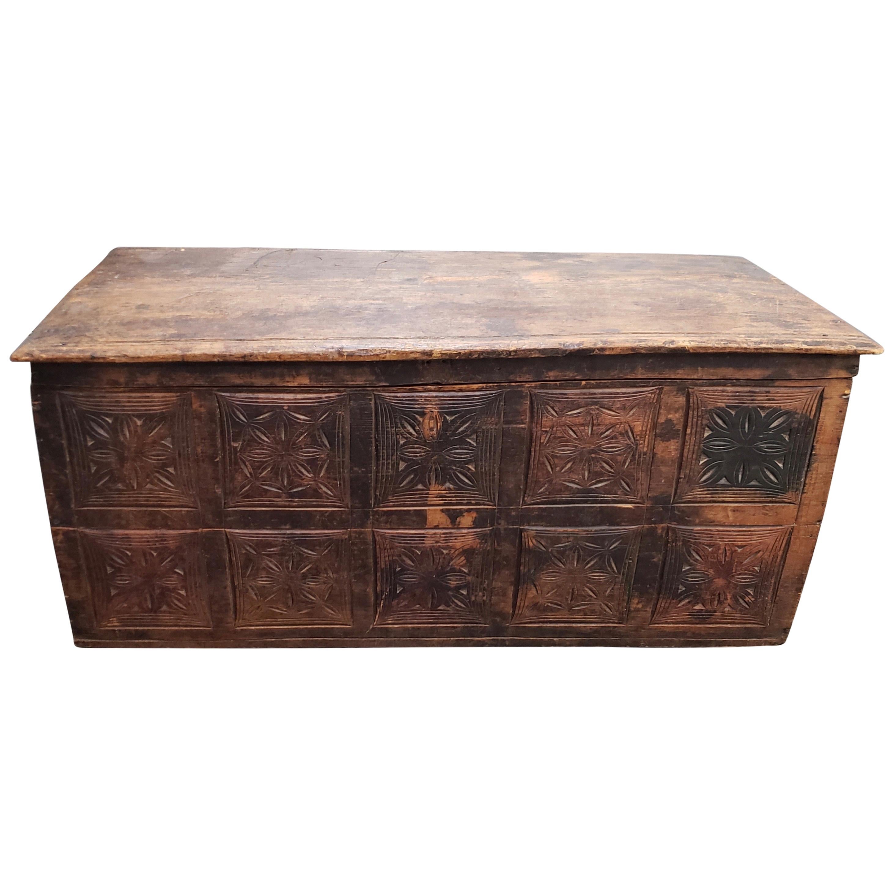 18th Century European Carved Pine Trunk For Sale