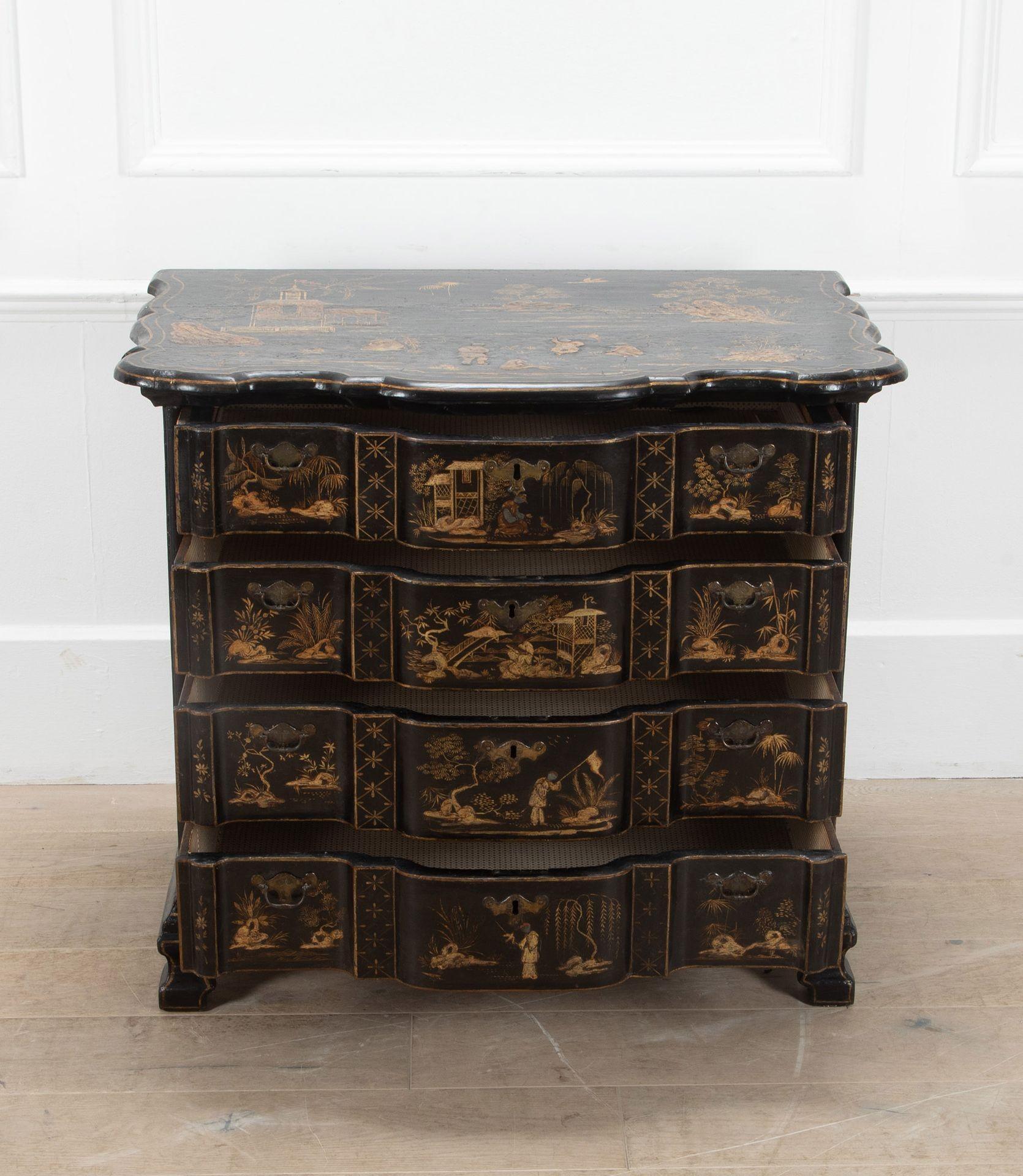 A rare and significant 18th Century European four drawer japanned commode.
Retaining its original fine Chinoiserie gilding and painted decoration of court, rural and mythological scenes.
From the first half of the 18th Century and there's a