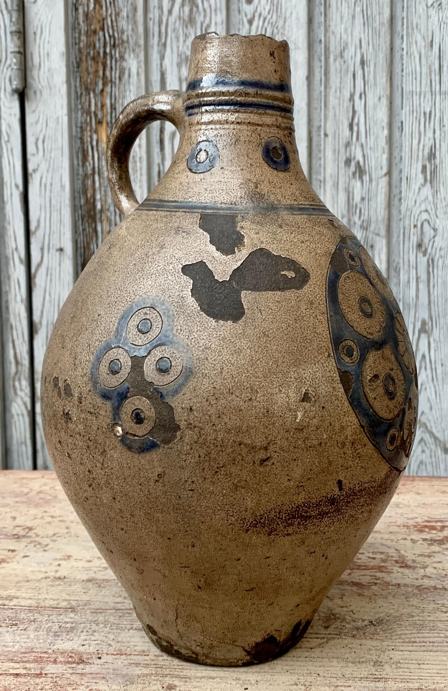 18th Century European Earthenware Pitcher with Blue Colored Decoration For Sale 6