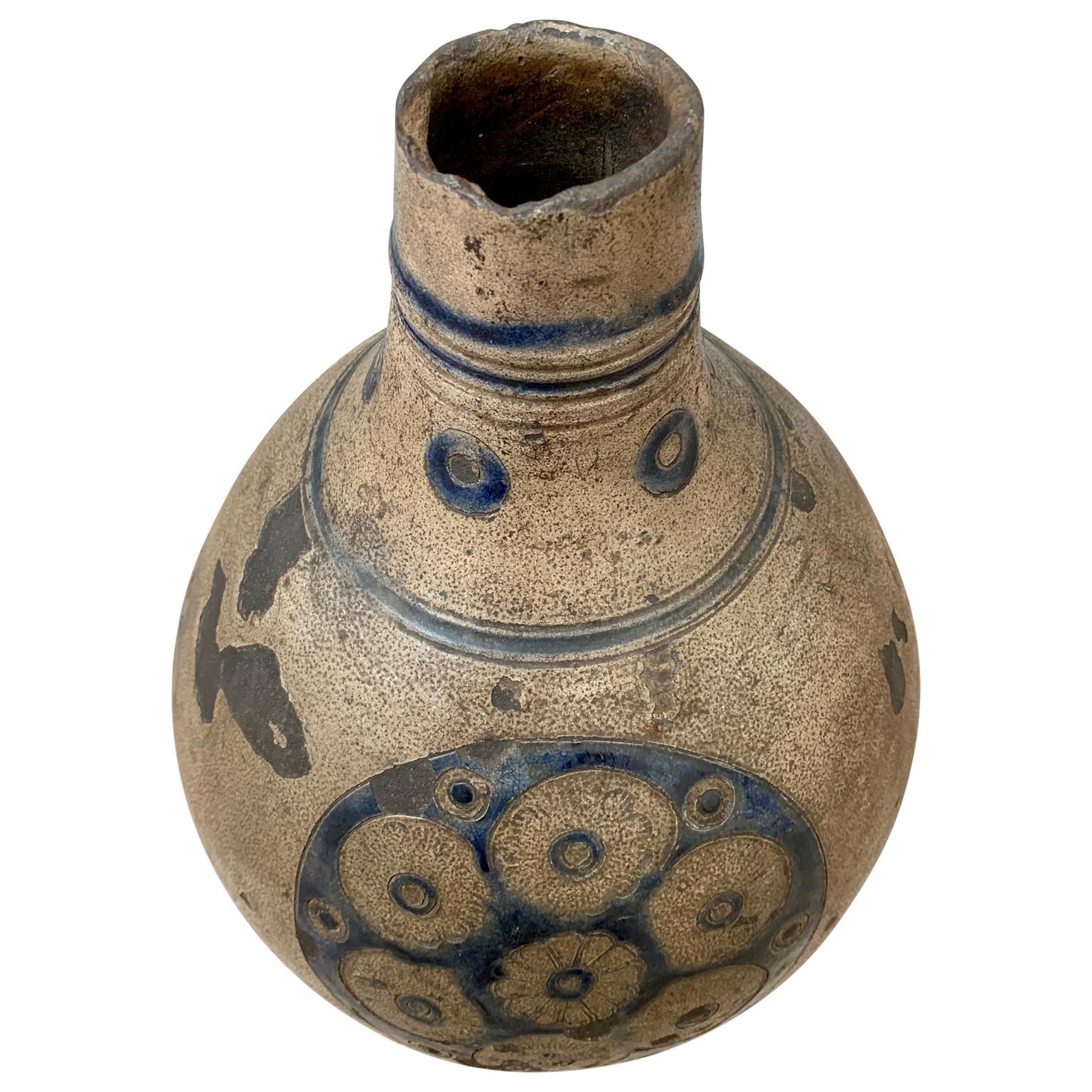 German 18th Century European Earthenware Pitcher with Blue Colored Decoration For Sale