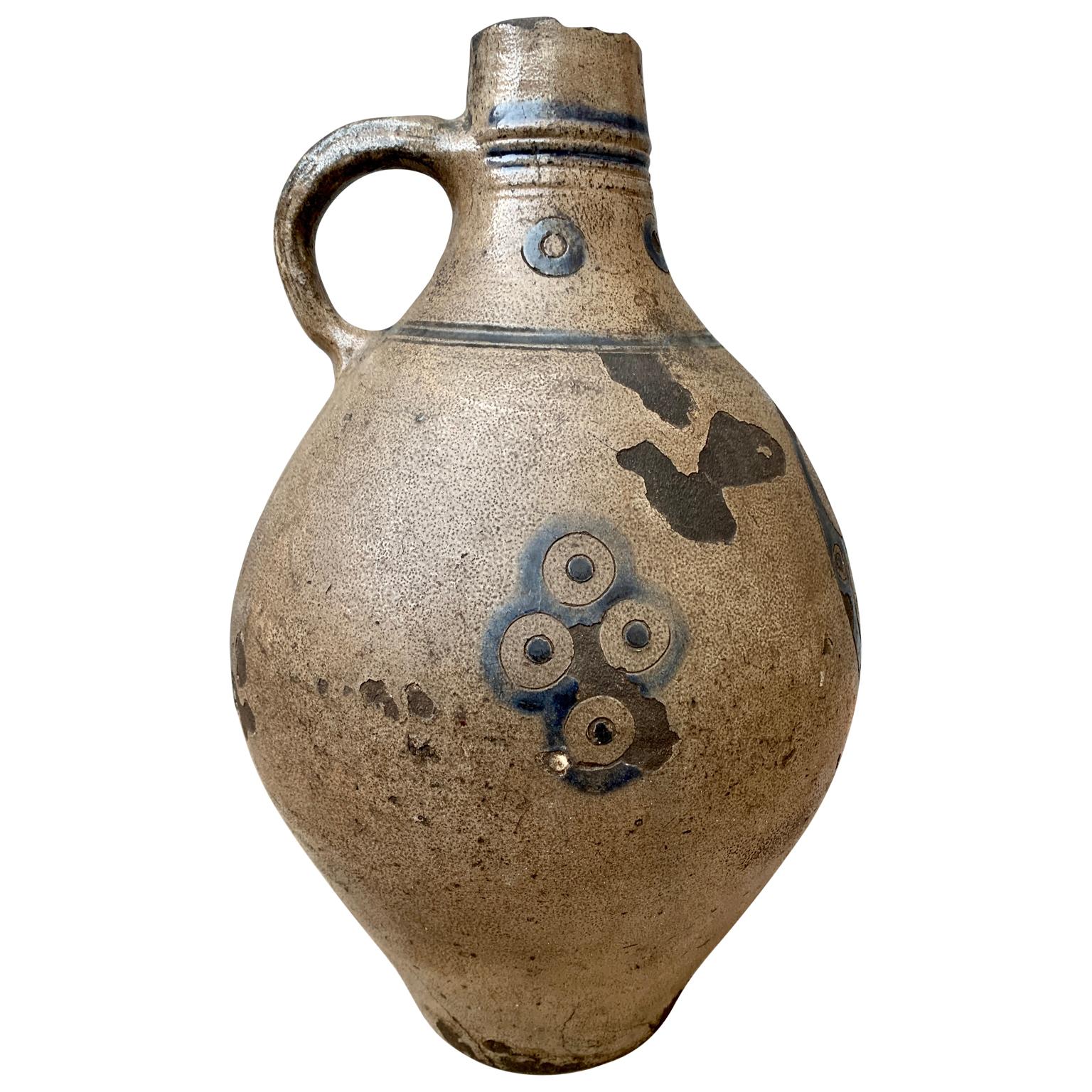 Folk Art 18th Century European Earthenware Pitcher with Blue Colored Decoration For Sale