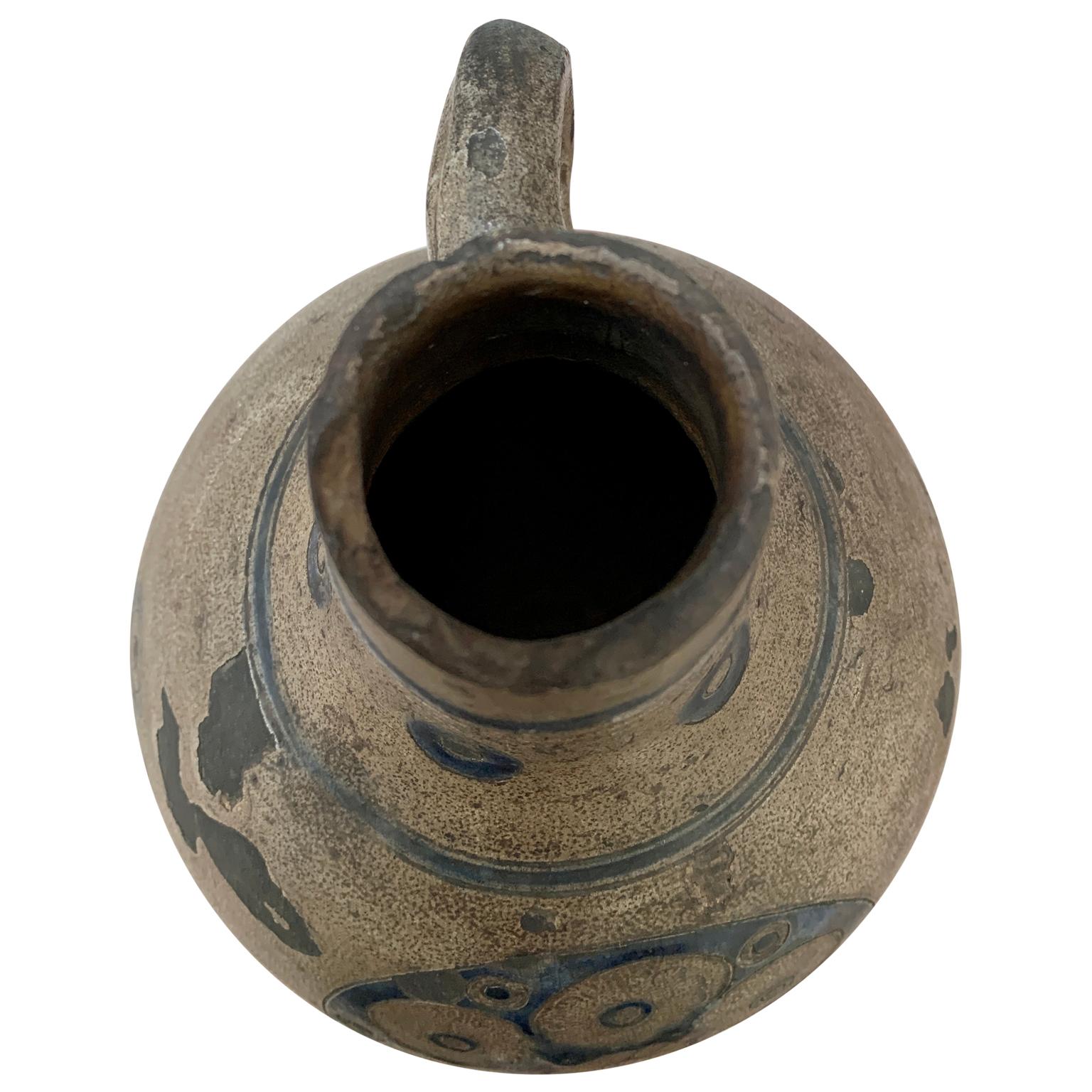Glazed 18th Century European Earthenware Pitcher with Blue Colored Decoration For Sale