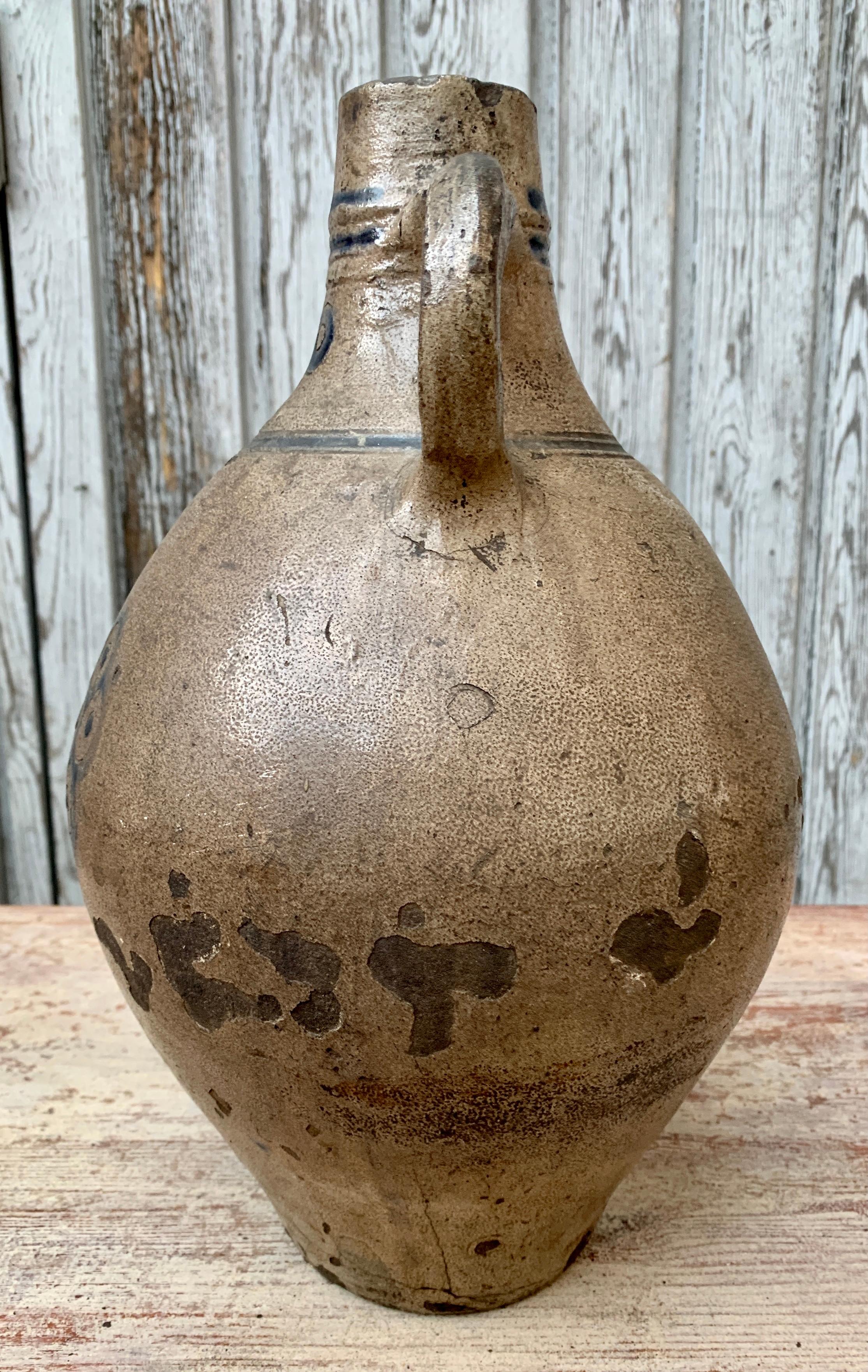 18th Century European Earthenware Pitcher with Blue Colored Decoration For Sale 1