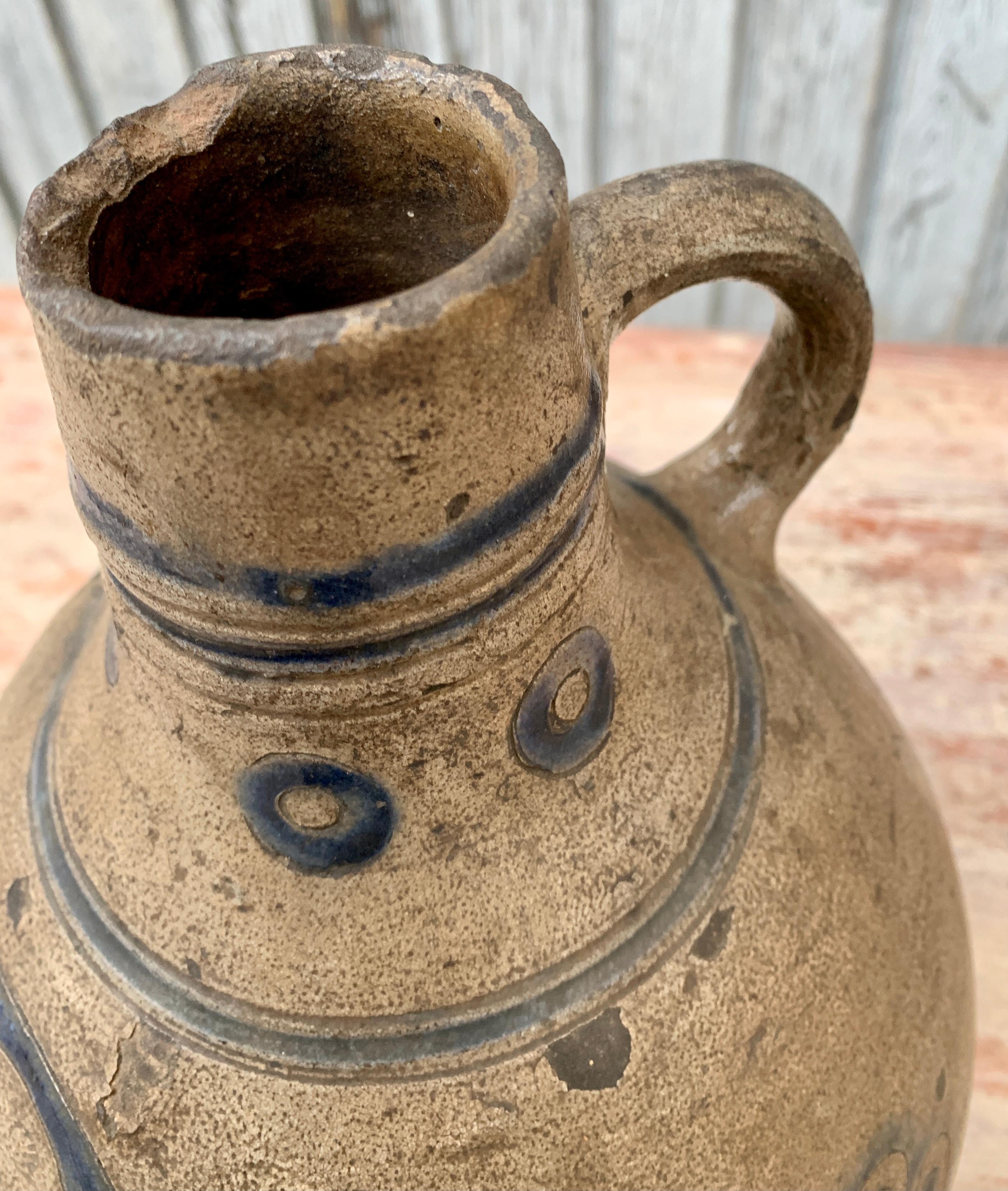 18th Century European Earthenware Pitcher with Blue Colored Decoration For Sale 3