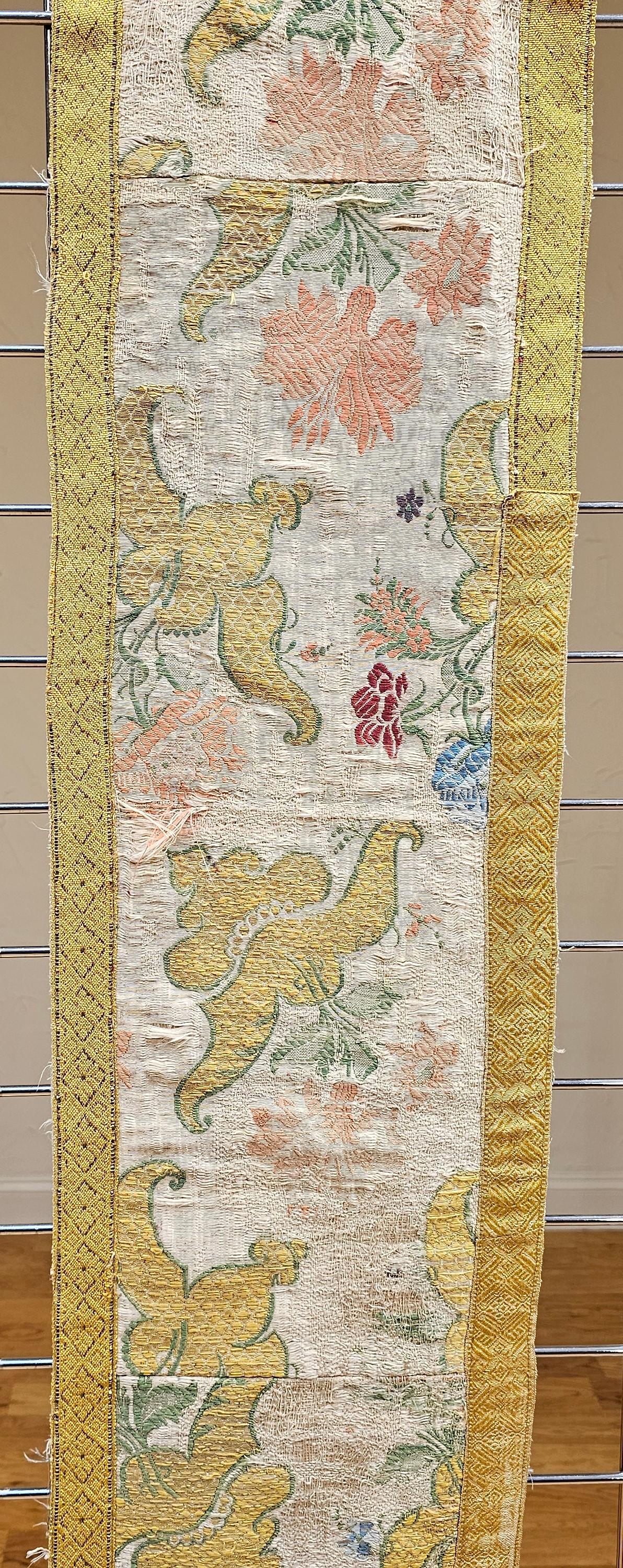 Hand-Crafted 18th Century European Hand Embroidered Silk and Gilt Threads Textile Panel For Sale
