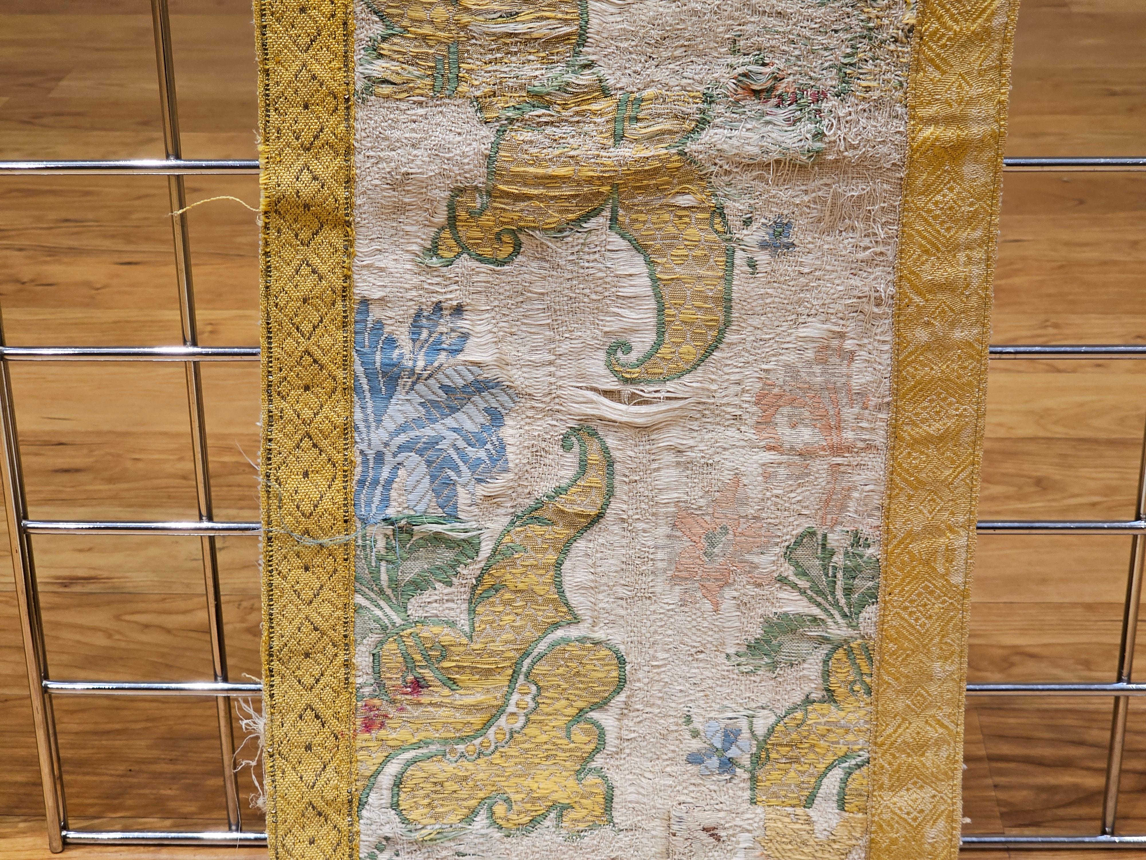 Gold 18th Century European Hand Embroidered Silk and Gilt Threads Textile Panel For Sale