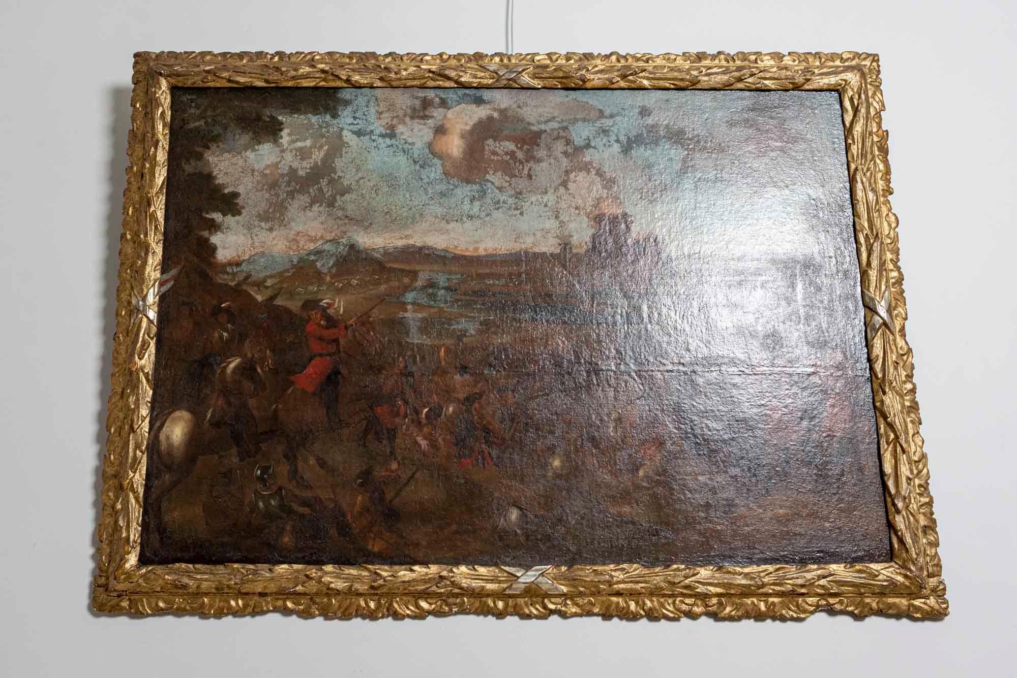 Carved 18th Century Dutch oil painting after Jan Wyck of the battle of Boyne  For Sale