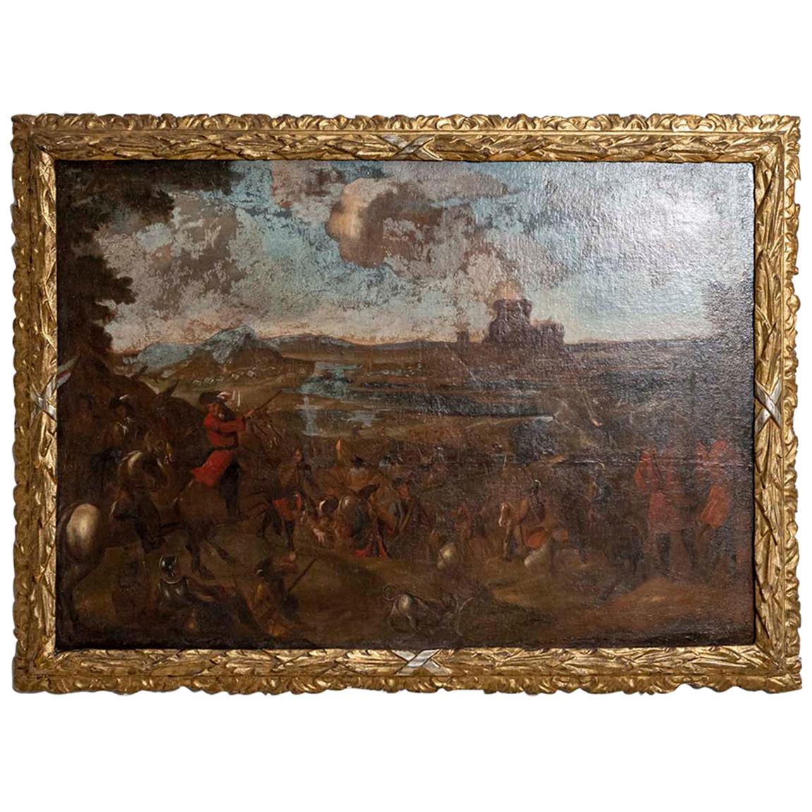 18th Century European Oil Painting of a Battle Scene with a Carved Gilt Frame