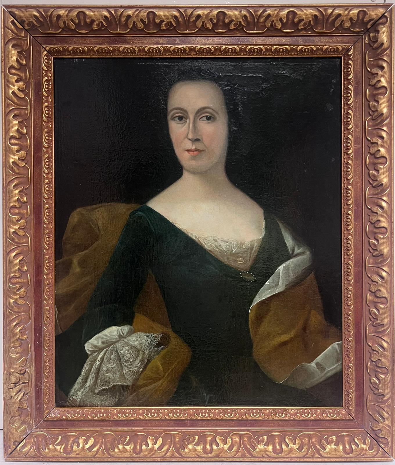 Large 18th Century European Oil Painting Portrait of Noble Lady Lace Collars