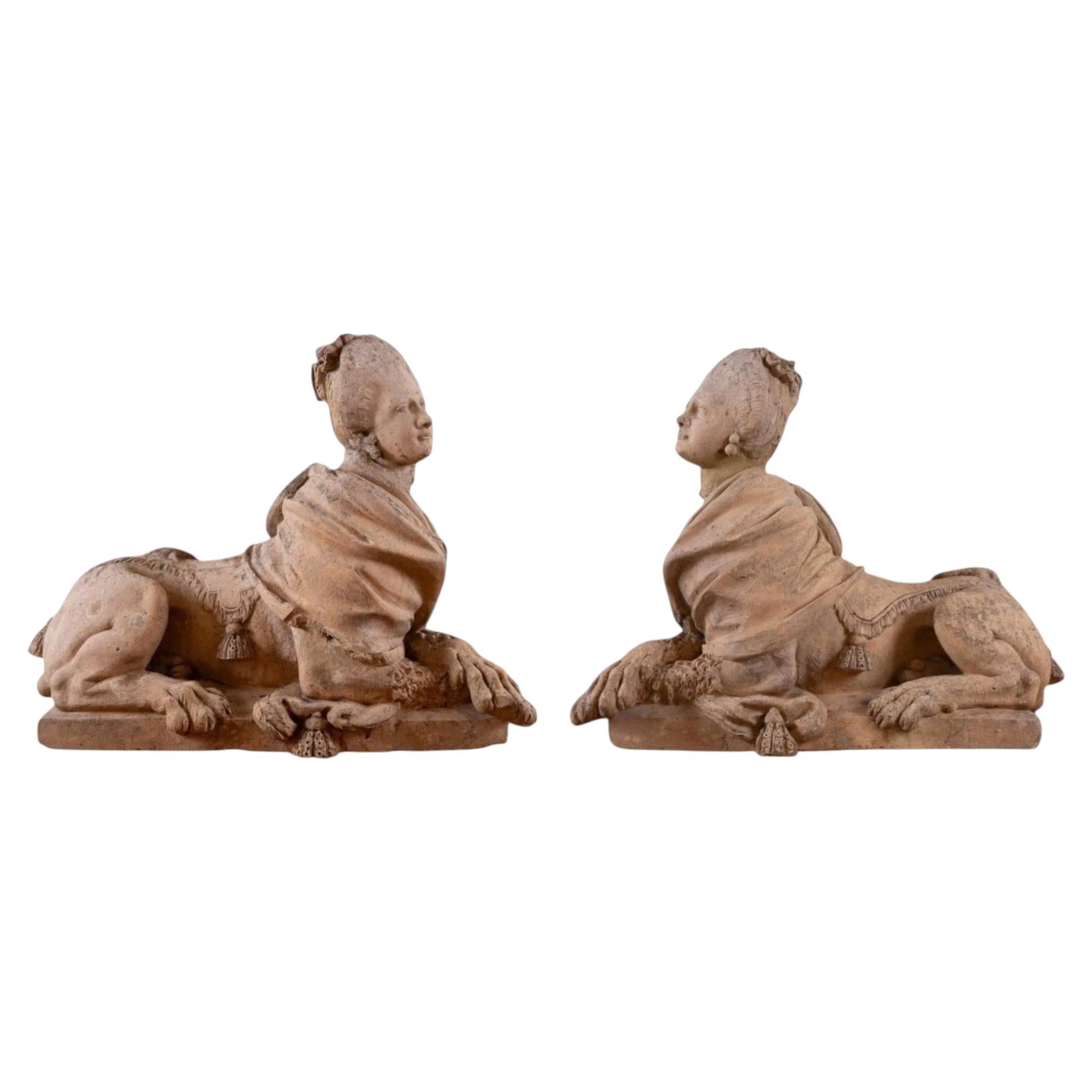 18th Century European Pair of Terracotta Sphinxes For Sale