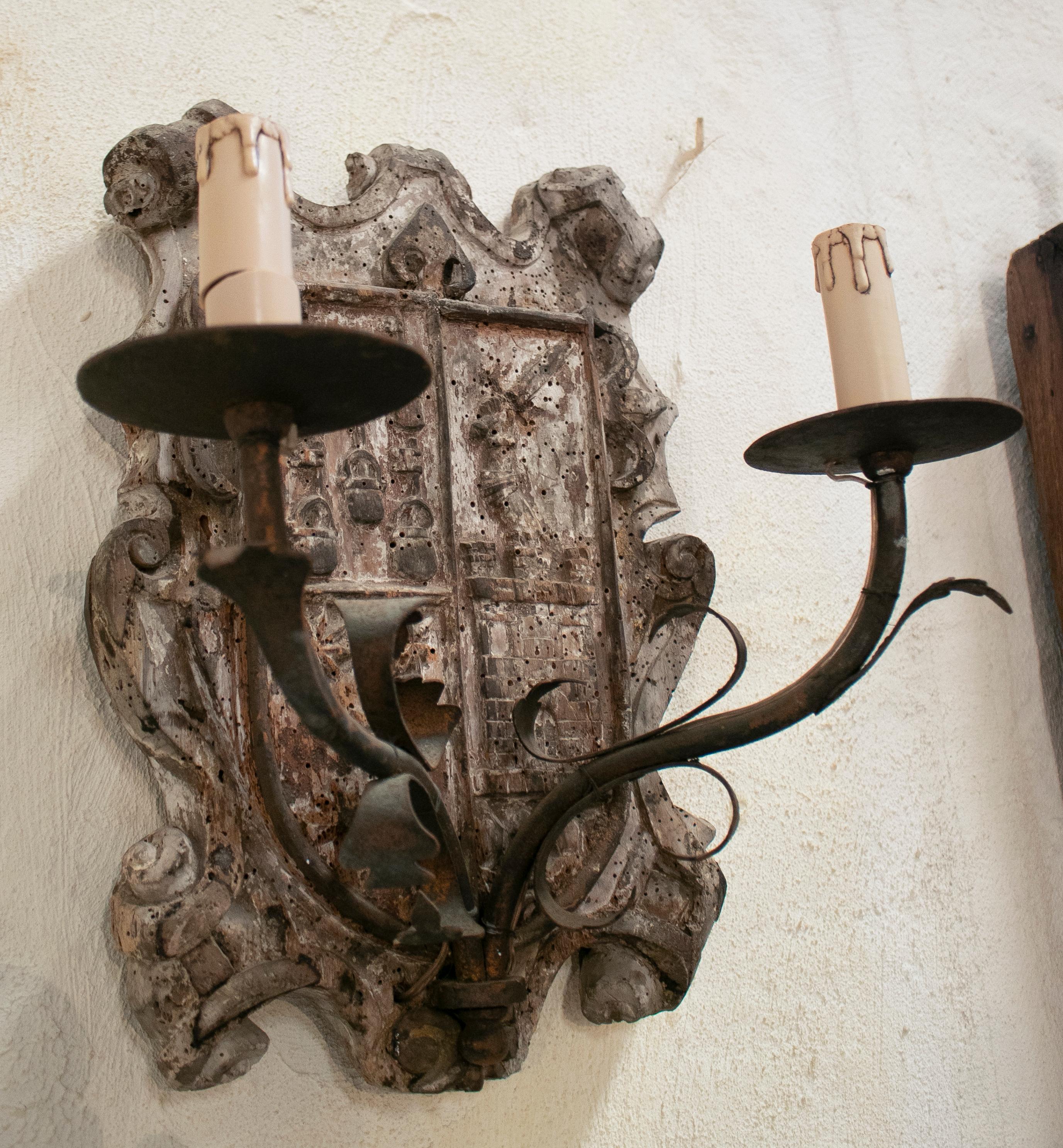 Iron 18th Century European Pair of Wood Crest Two-Arm Sconce Wall Lamps