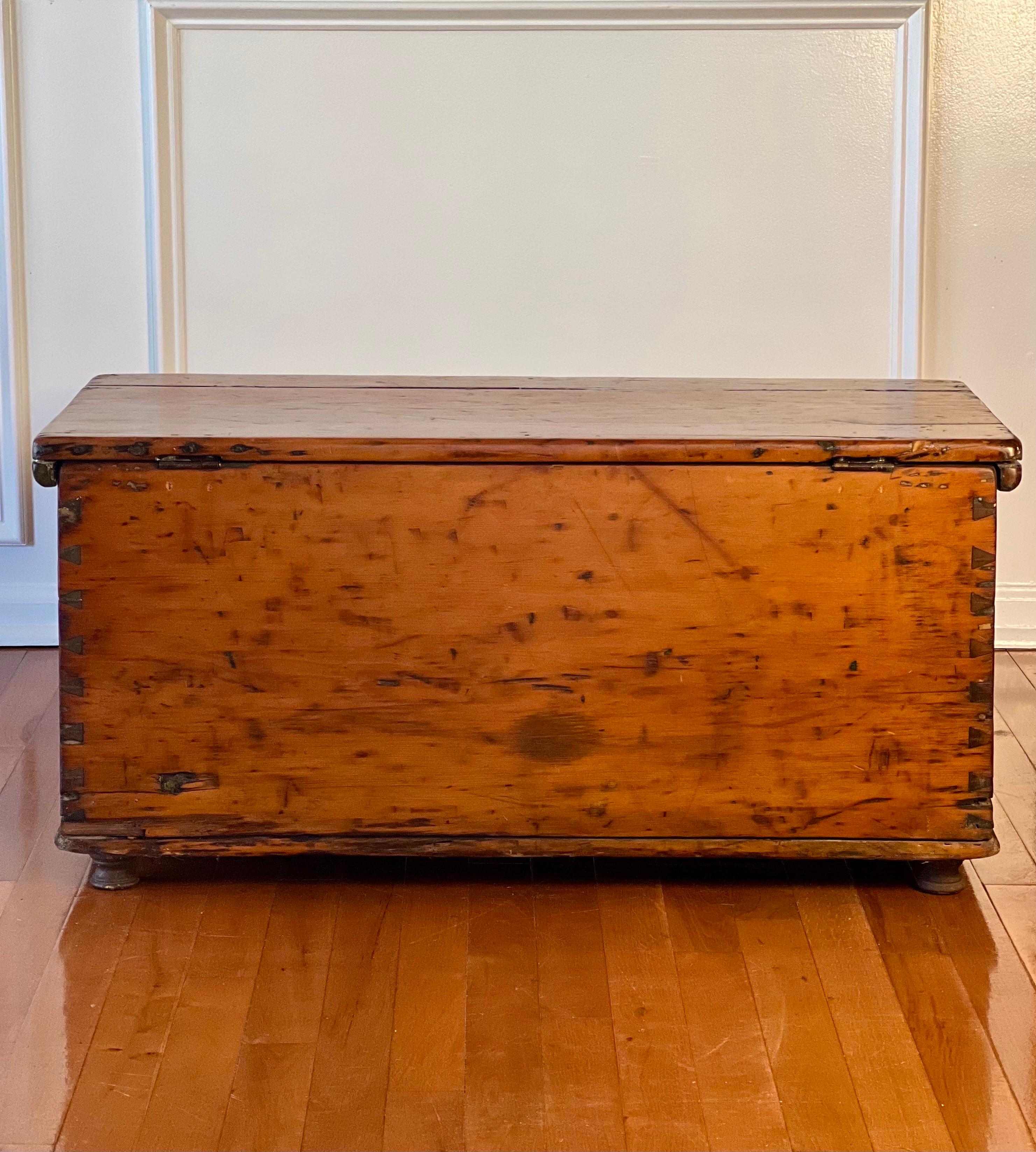 Hand-Crafted 18th Century European Primitive Dovetailed Pine Chest or Coffer For Sale