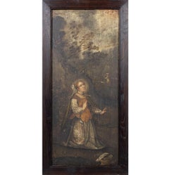 18th Century European School Oil on Panel “Landscape with Lady in Prayer”