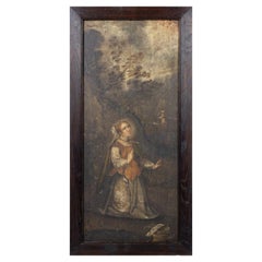 18th Century European School Oil on Panel “Landscape with Lady in Prayer”