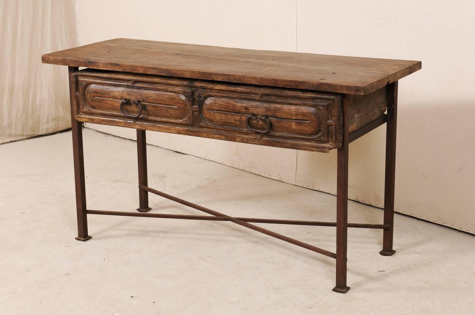 Rustic 18th Century Exquisite Spanish Wood and Iron Console Table with Large Drawer