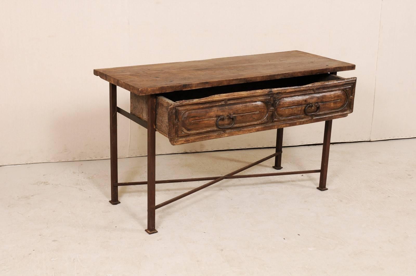 Forged 18th Century Exquisite Spanish Wood and Iron Console Table with Large Drawer