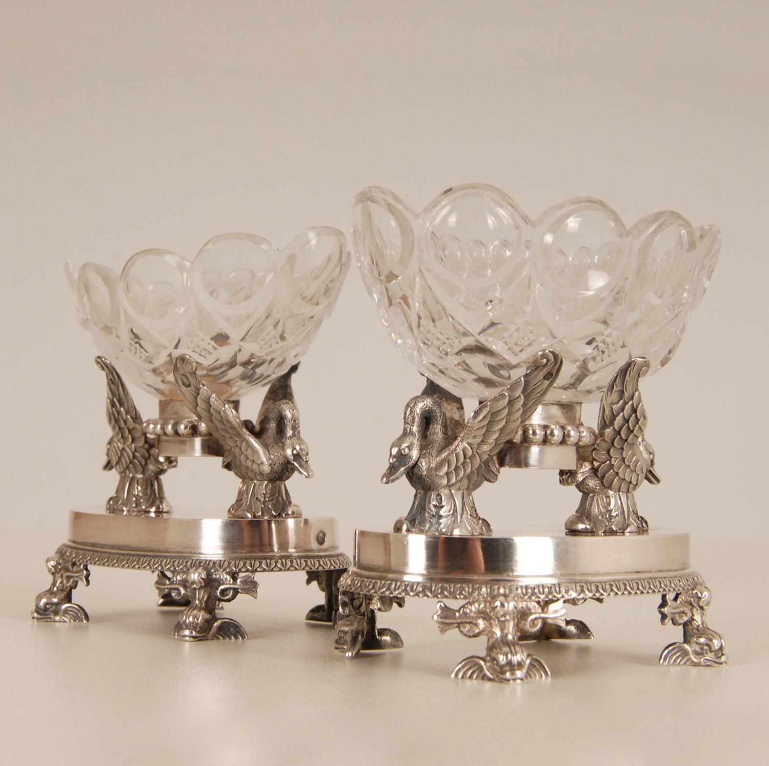 18th Century Empire Silver Baccarat Crystal Salt Cellars  F. Durand Napoleonic  For Sale 4
