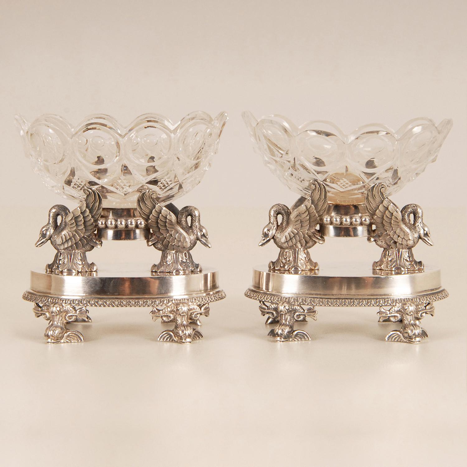 18th Century Empire Silver Baccarat Crystal Salt Cellars  F. Durand Napoleonic  For Sale 8