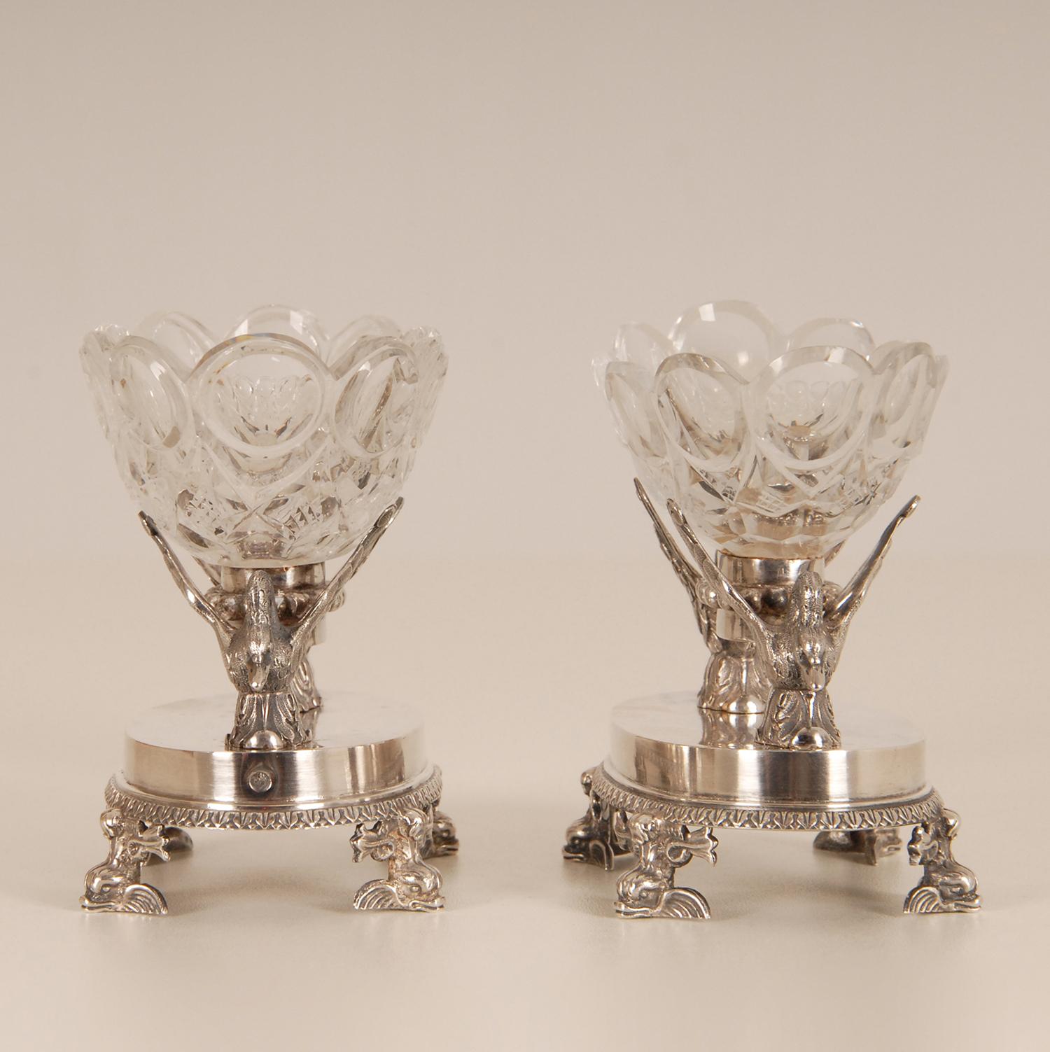 Cast 18th Century Empire Silver Baccarat Crystal Salt Cellars  F. Durand Napoleonic  For Sale