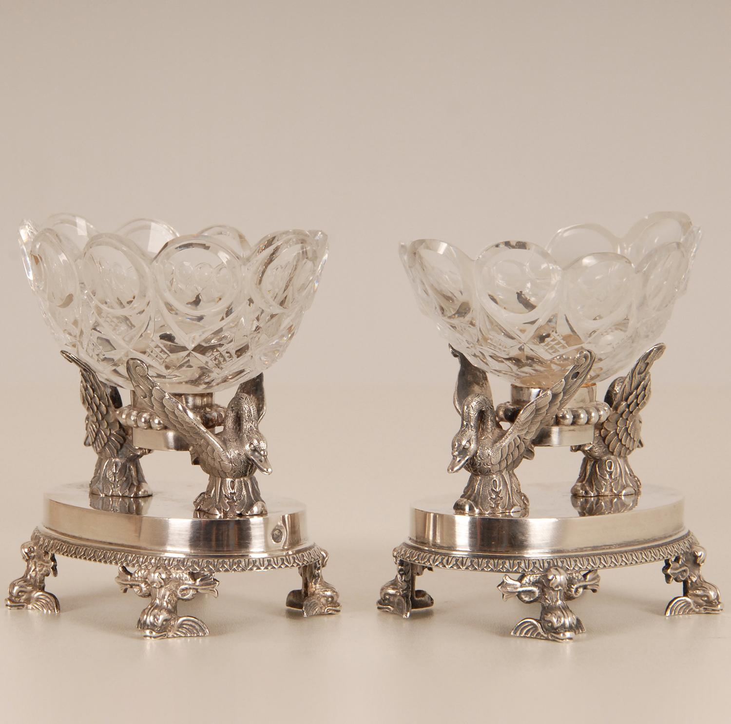 18th Century Empire Silver Baccarat Crystal Salt Cellars  F. Durand Napoleonic  In Good Condition For Sale In Wommelgem, VAN