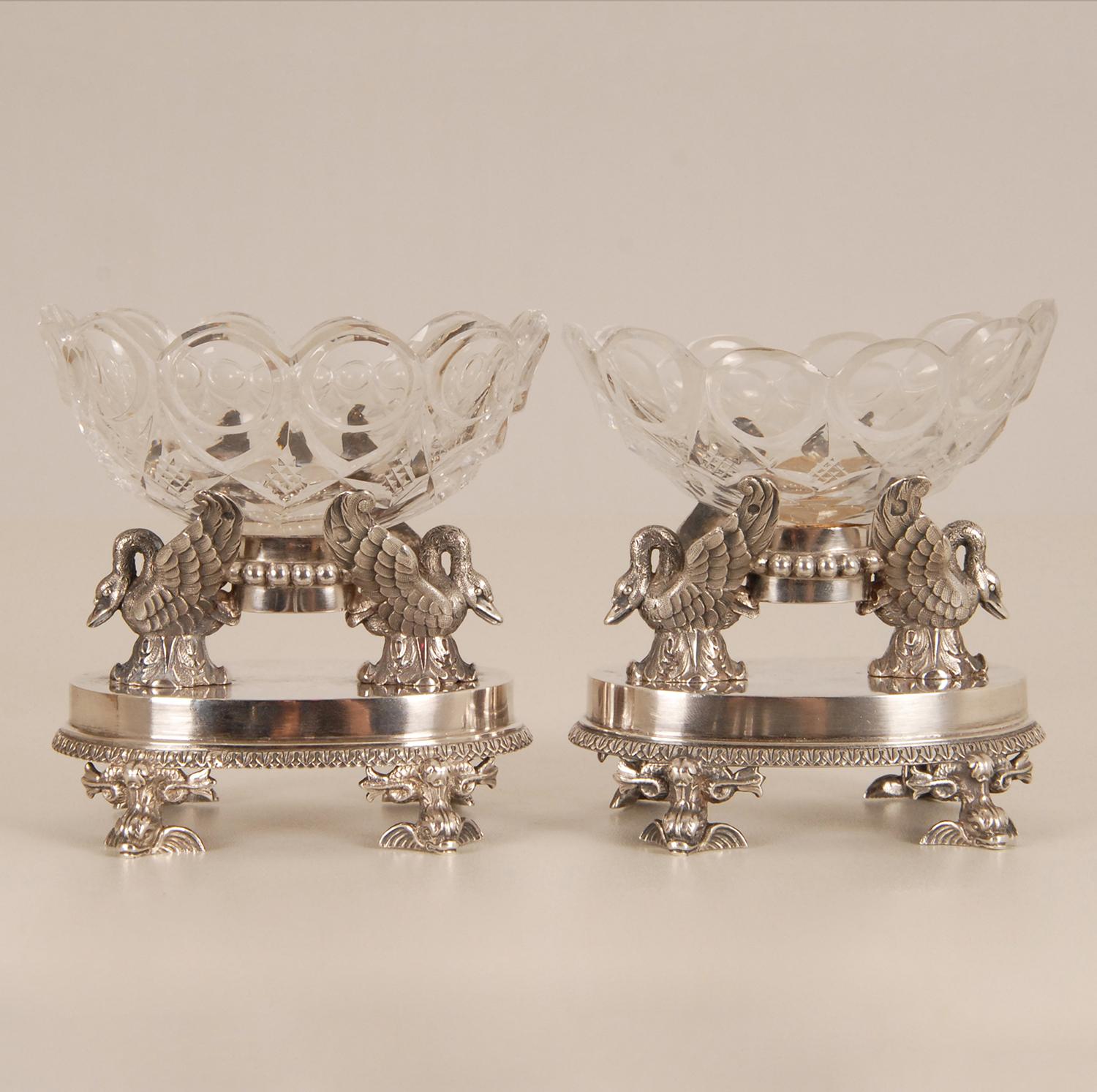 19th Century 18th Century Empire Silver Baccarat Crystal Salt Cellars  F. Durand Napoleonic  For Sale