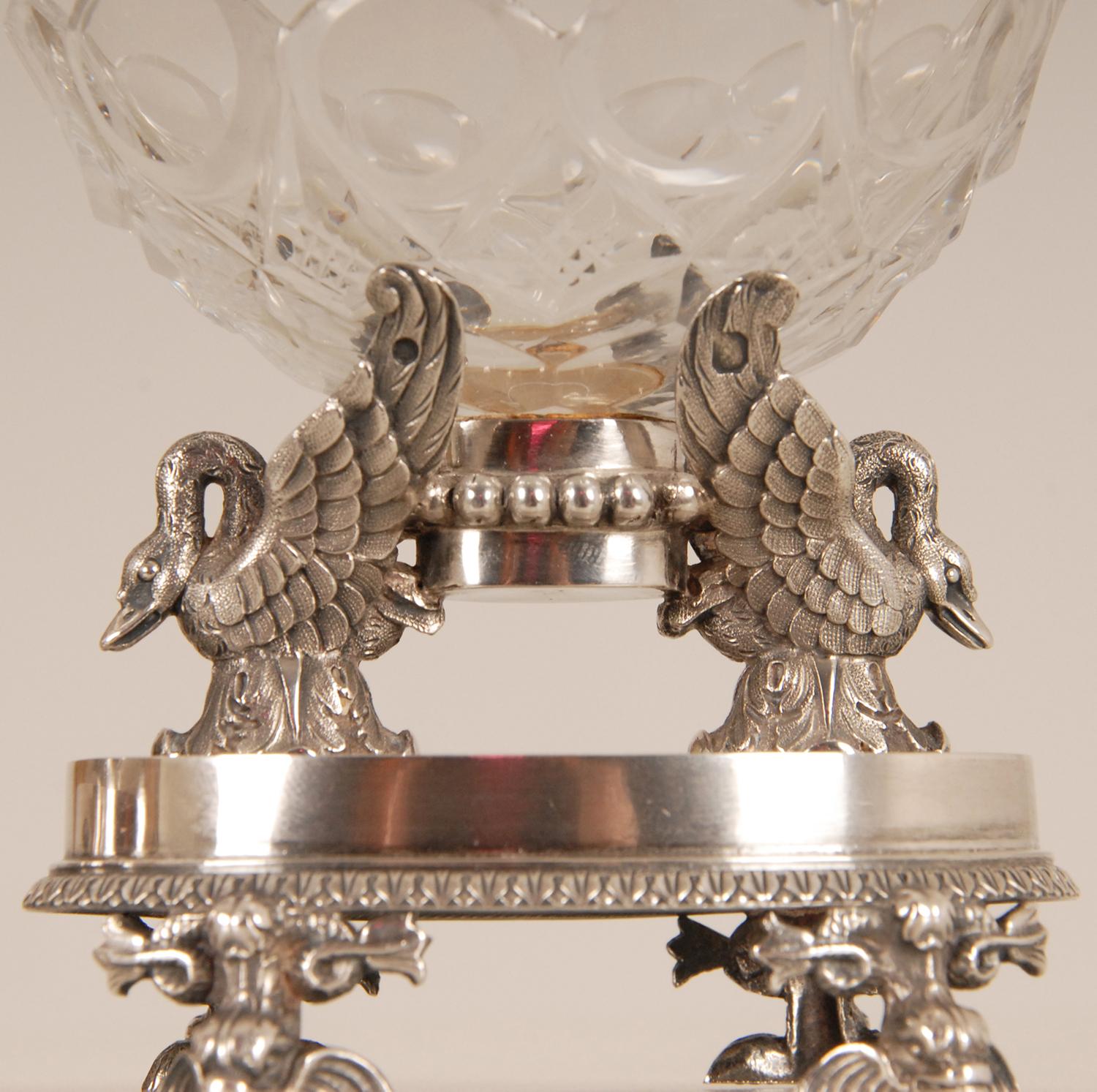 Sterling Silver 18th Century Empire Silver Baccarat Crystal Salt Cellars  F. Durand Napoleonic  For Sale