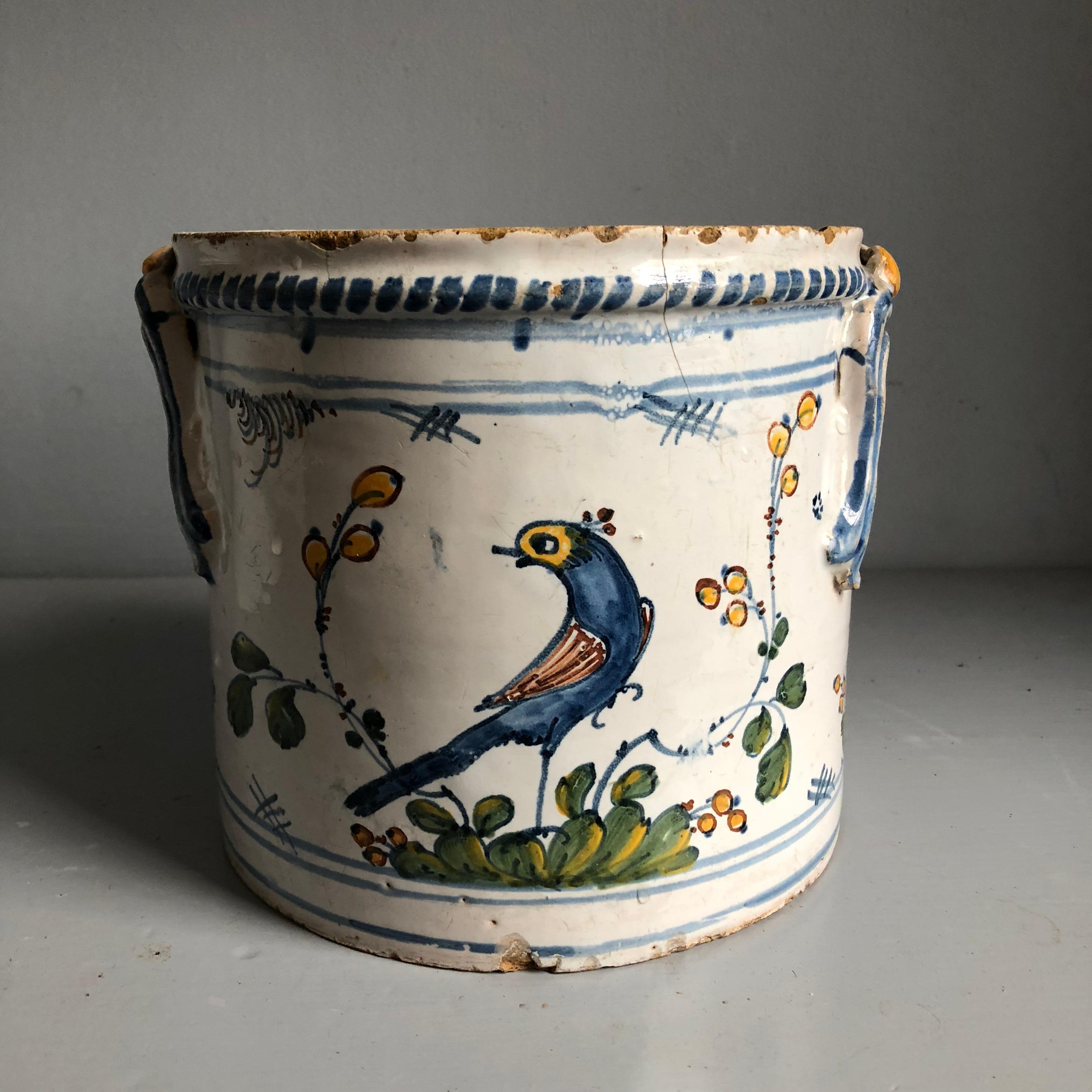A charming 18th century faience “cachepot” planter decorated with birds, flowers etc., circa 1750 from Nevers, France. From the estate of Pierre Moulin, founder of the Pierre Deux shops and author of Pierre Deux’s French country.