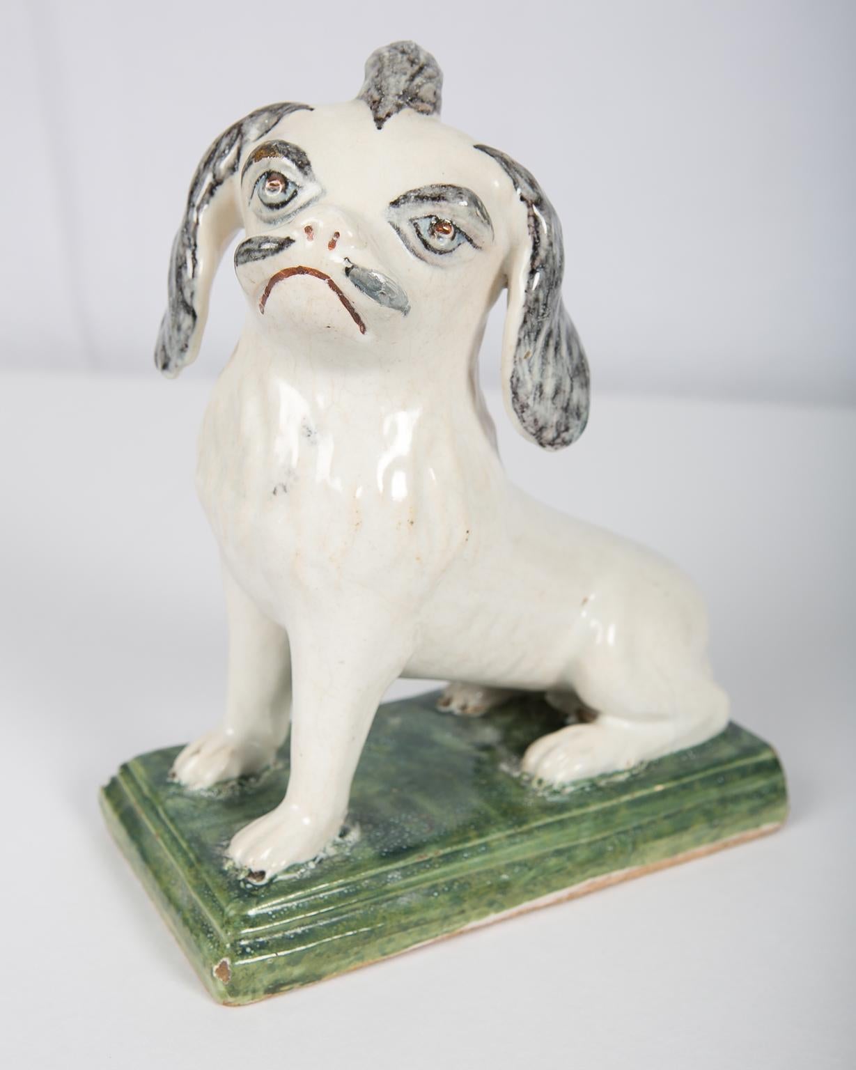 Hand-Painted Pekingese Puppy 18th Century French Faience Made in Rouen Circa 1760 For Sale