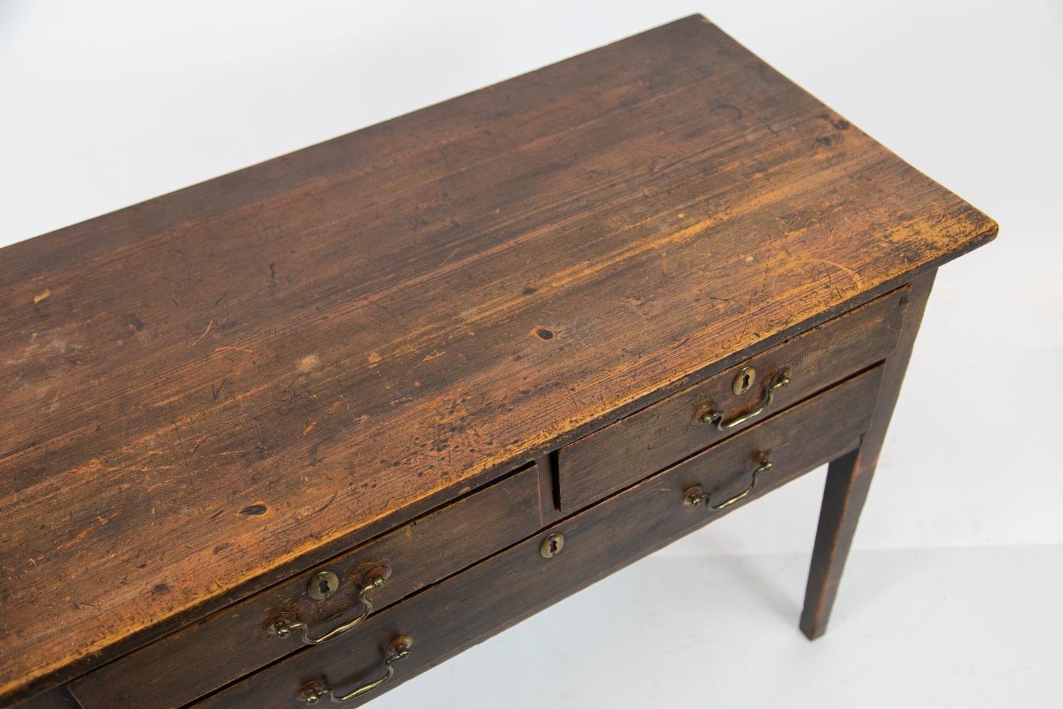 18th century faux painted pine Hepplewhite Lowboy, original paint and 'swan neck' brass pulls.