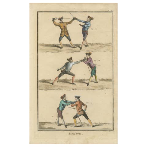 18th-Century Fencing Engraving – Elegant Depiction of Escrime Techniques