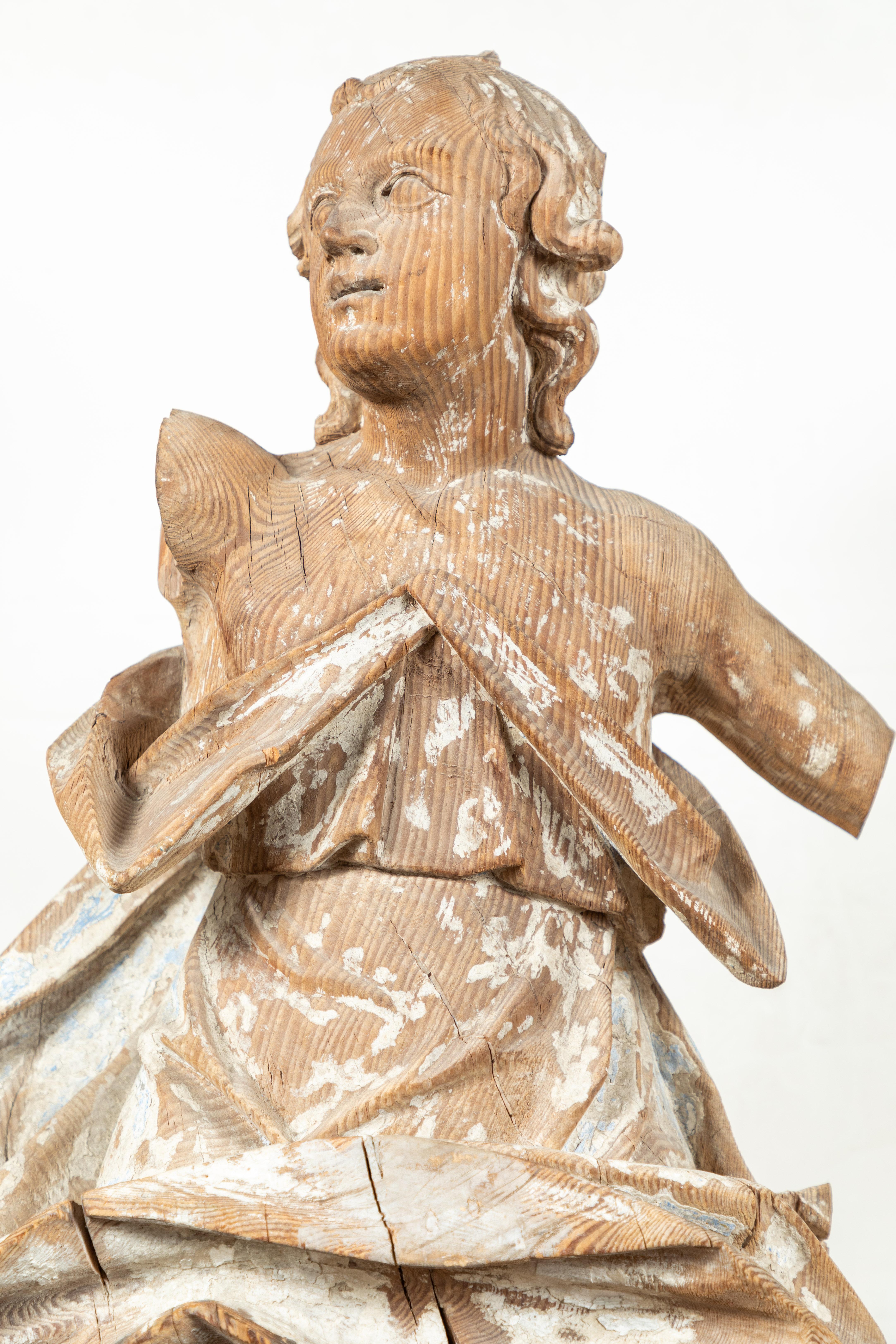 Beautiful, hand carved, 18th century. Italian sculptural fragment of a figure enshrouded in robes, gazing in adoration. Beautiful patina with paint traces. Mounted on a custom, Lucite base.