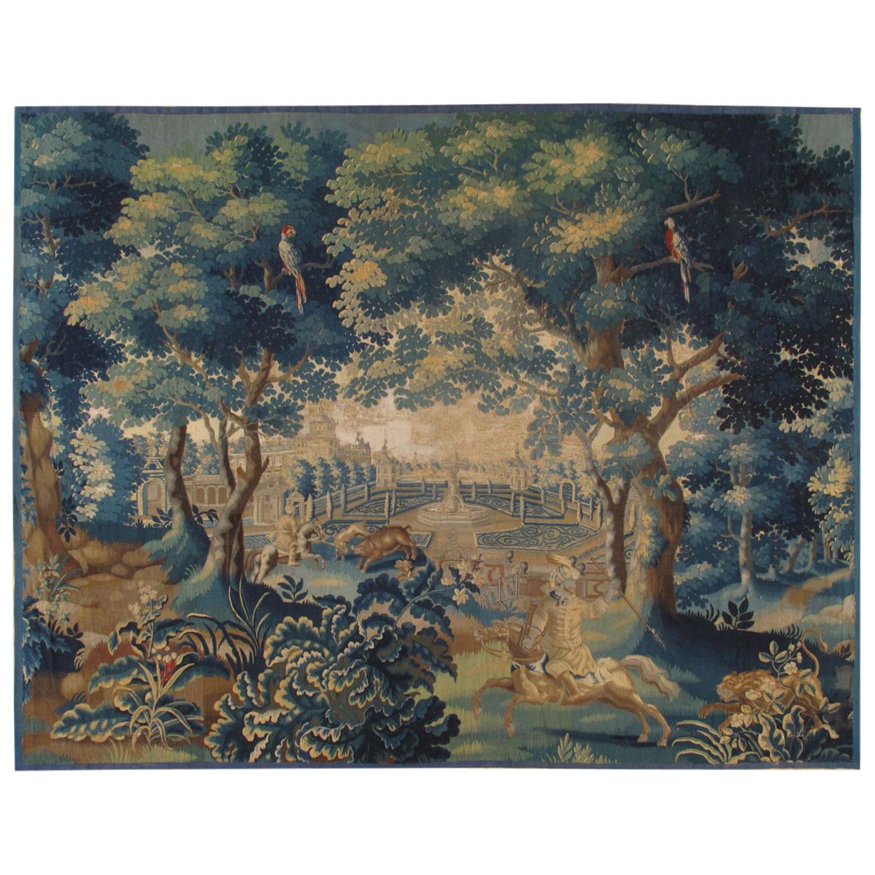 Tapisserie bruxelloise du 18ème siècle, laine de soie, vert, bleu, thème mythologique