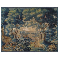 18th Century Fine Brussels Tapestry, Silk Wool, Green, Blue, Mythological Theme