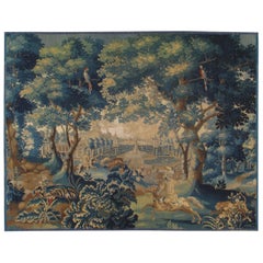 Antique 18th Century Fine Brussels Tapestry, Silk Wool, Green, Blue, Mythological Theme