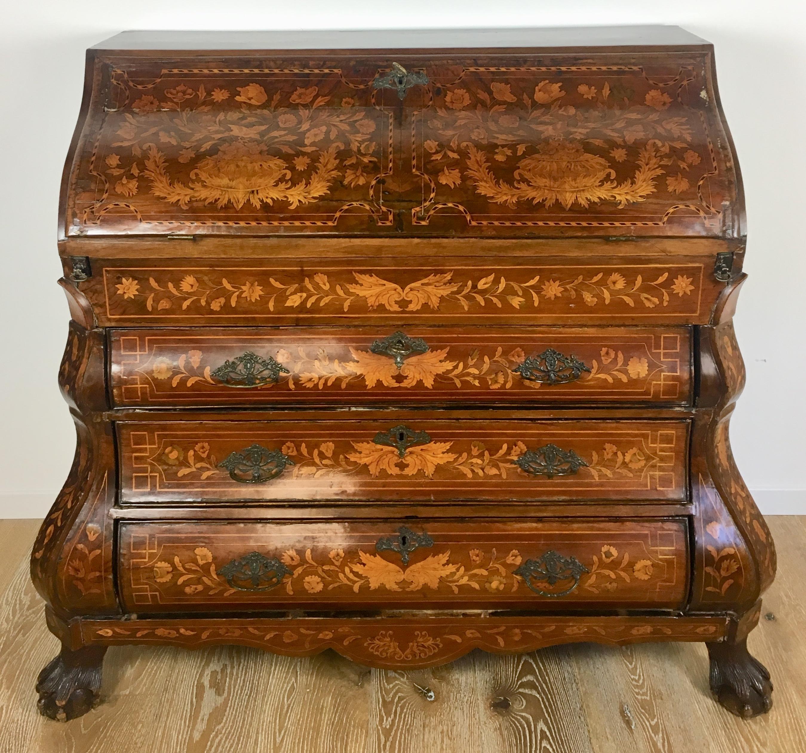 Louis XV 18th Century Dutch Marquetry Inlaid Bombe Secretary/Chest of Drawers