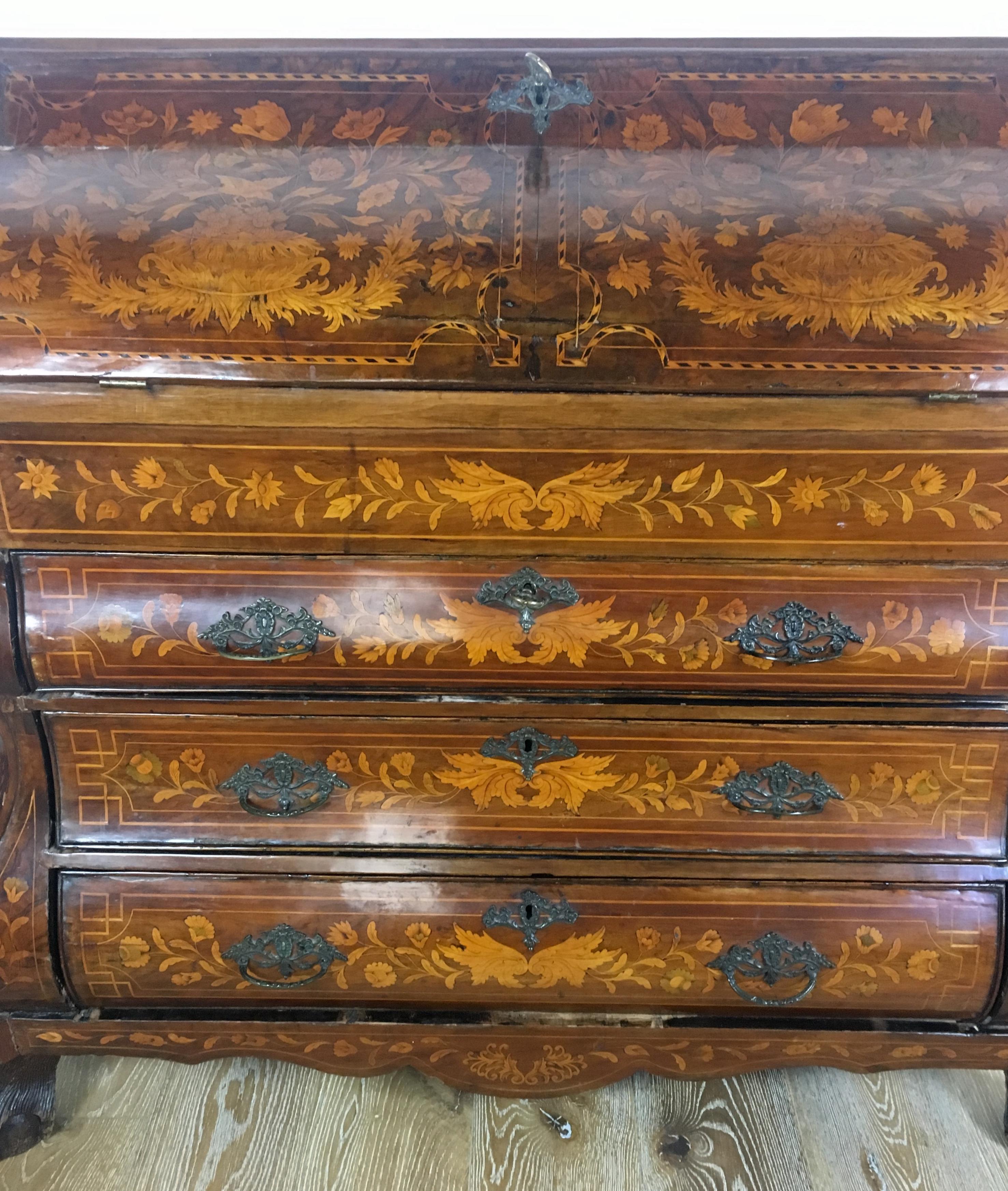 Kingwood 18th Century Dutch Marquetry Inlaid Bombe Secretary/Chest of Drawers