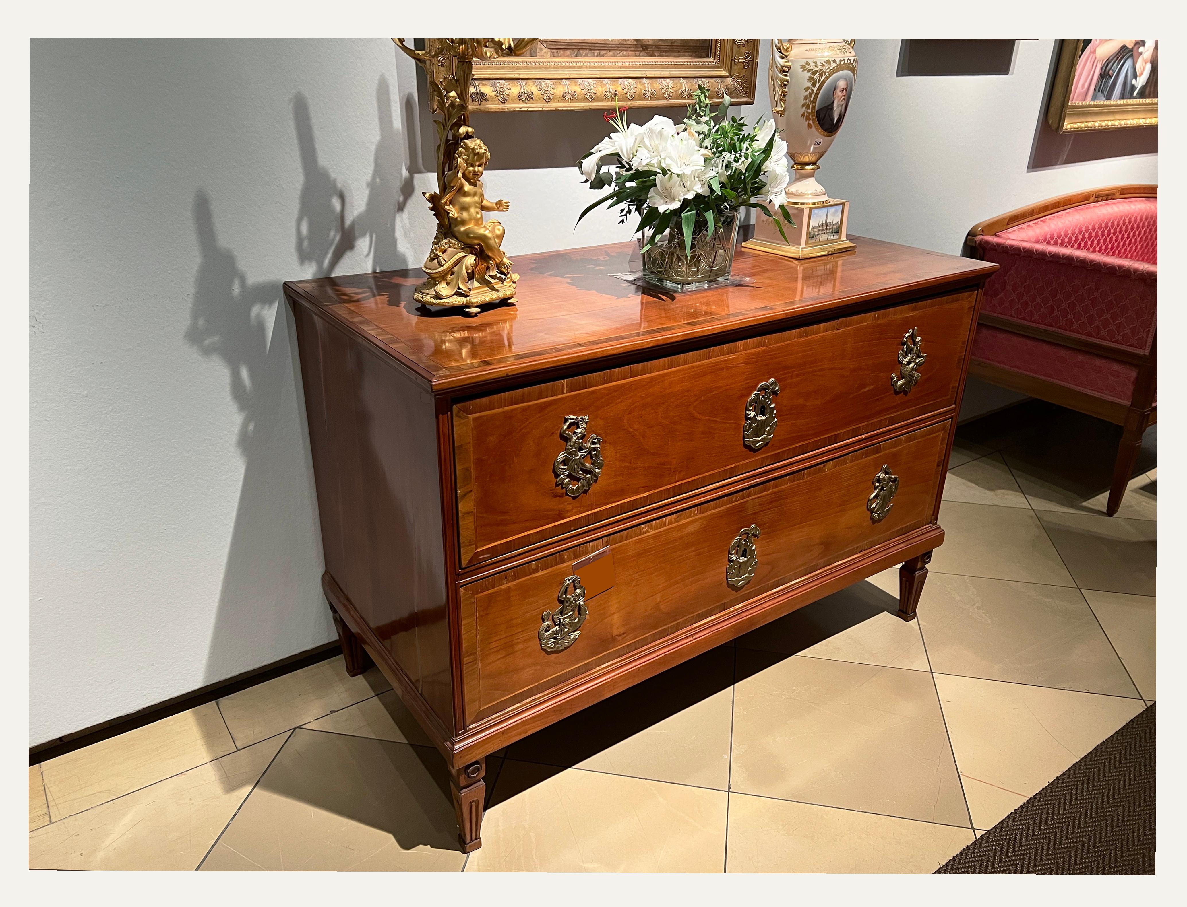 Hello,
This elegant pair of neoclassical commodes is the best example of top-quality Viennese pieces from circa 1800.

Viennese Neoclassical style is distinguished by their sophisticated proportions, rare and refined design and excellent