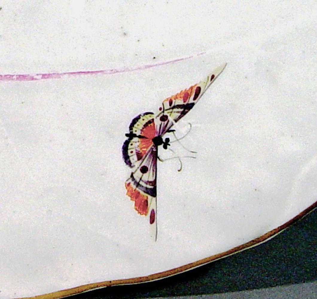 Polychrome Schale mit doppeltem Blatt aus Worcester-Porzellan der ersten Periode 1