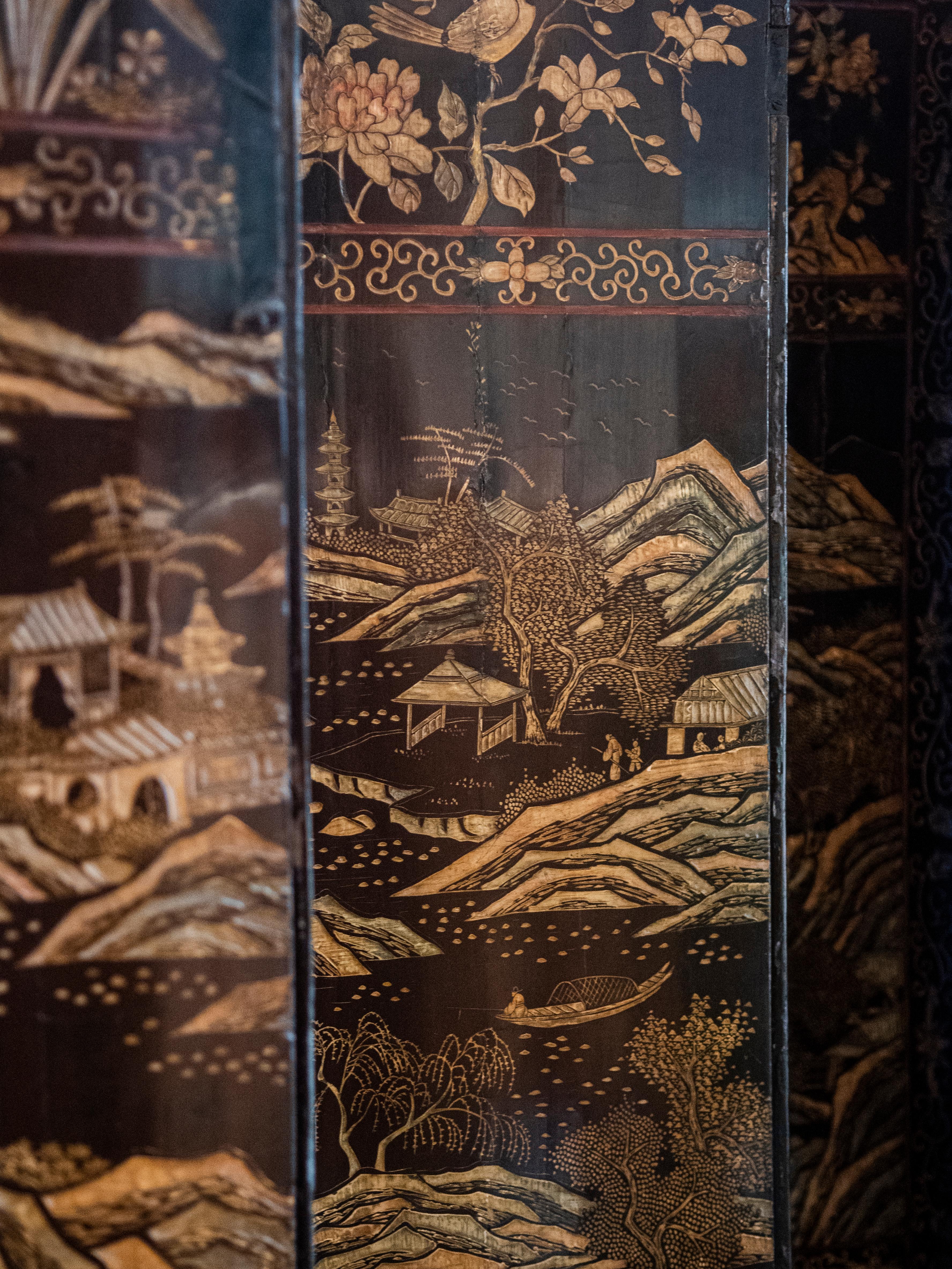 Exportation chinoise Screel chinois de Coromandel du 18e siècle à cinq panneaux en vente