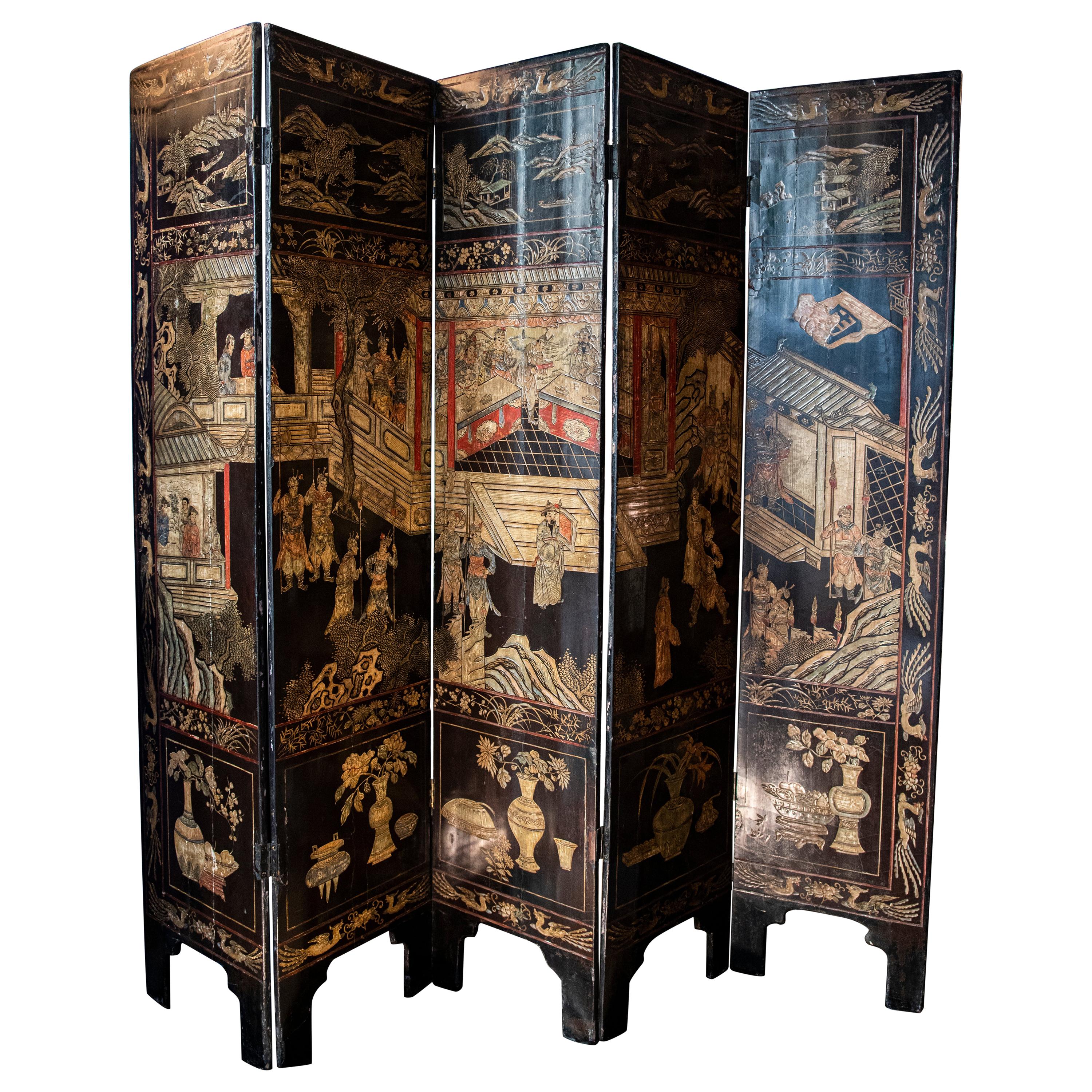 18th Century Five-Panel Chinese Coromandel Screel