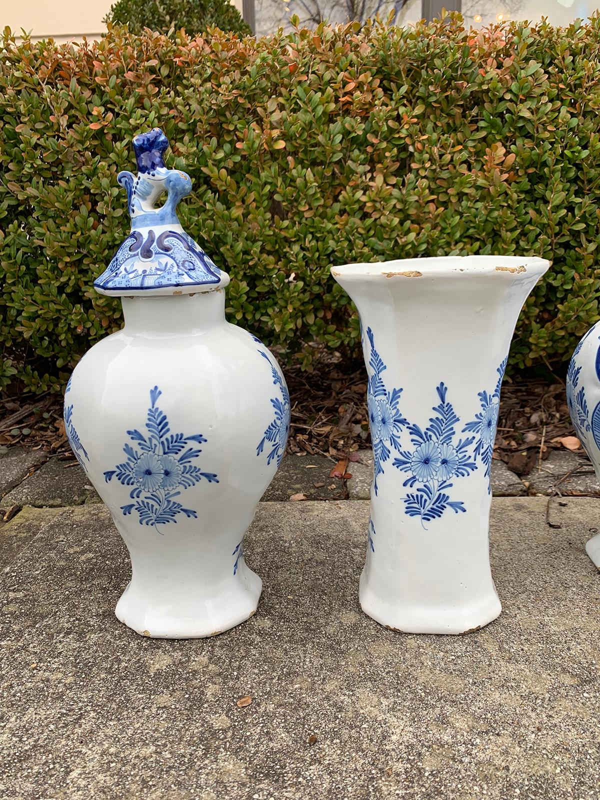 19th Century Five-Piece Delft-Style Blue and White Porcelain Garniture, Marked 5
