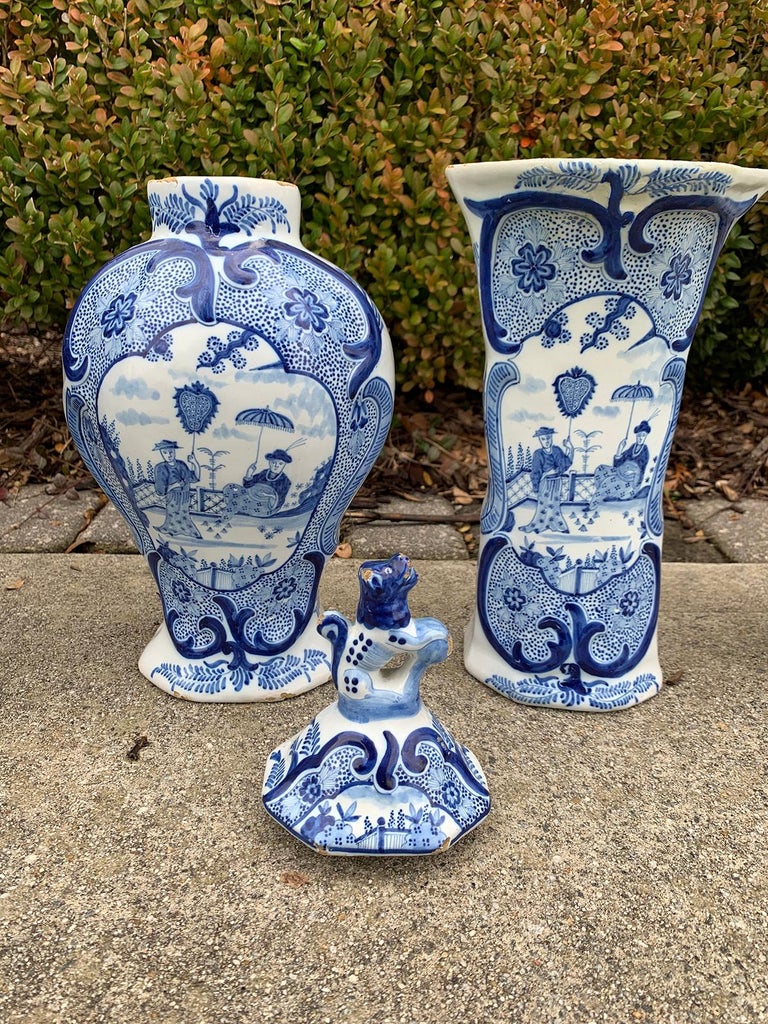 19th Century Five-Piece Delft-Style Blue and White Porcelain Garniture ...