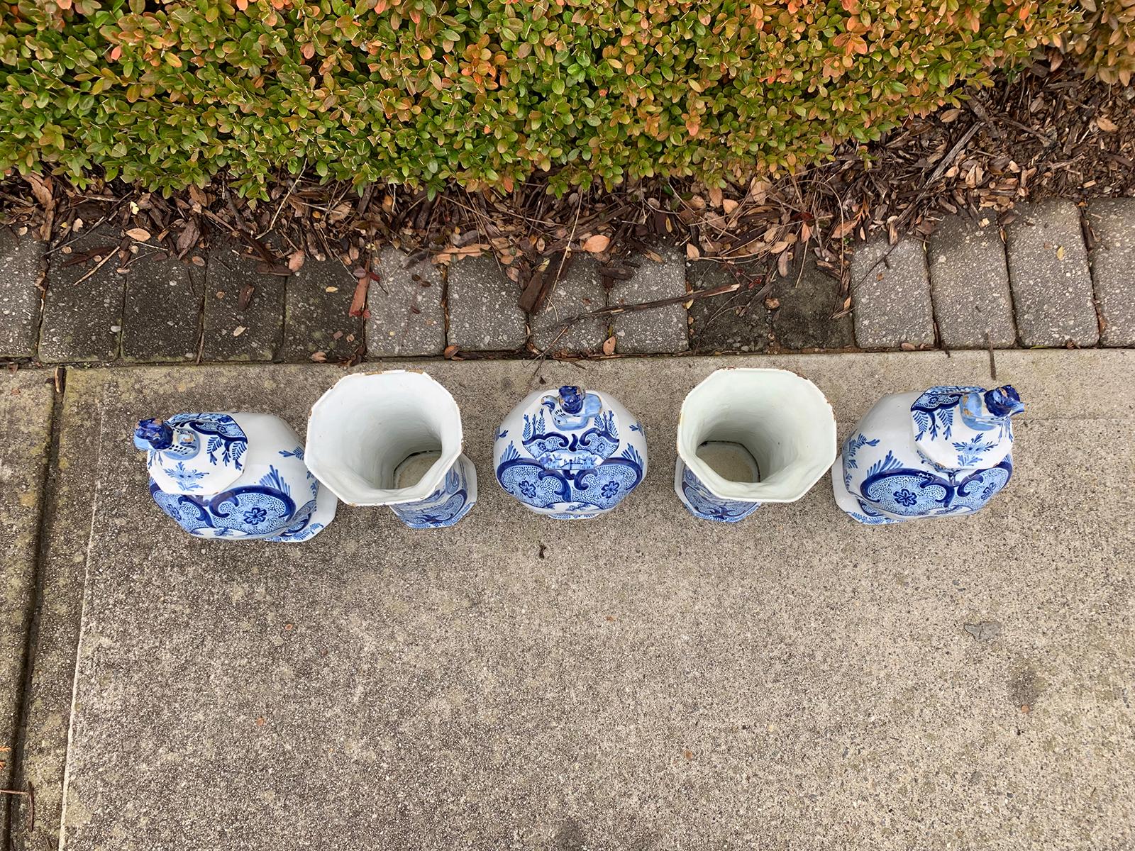 19th Century Five-Piece Delft-Style Blue and White Porcelain Garniture, Marked In Good Condition In Atlanta, GA