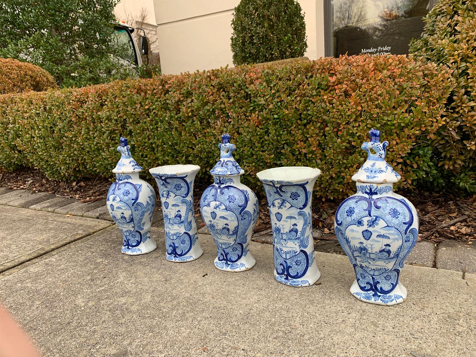 18th Century and Earlier 19th Century Five-Piece Delft-Style Blue and White Porcelain Garniture, Marked