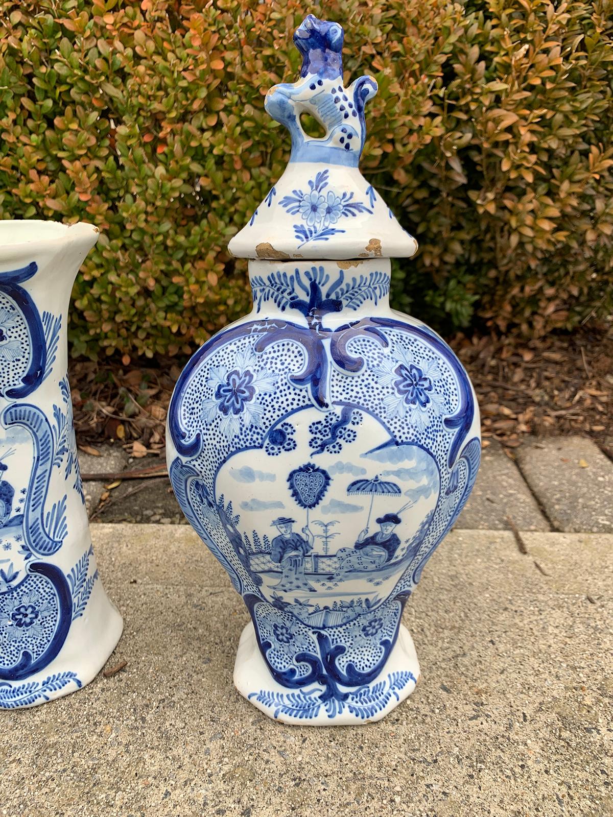 19th Century Five-Piece Delft-Style Blue and White Porcelain Garniture, Marked 1