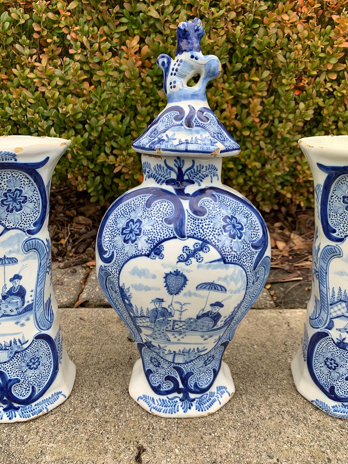19th Century Five-Piece Delft-Style Blue and White Porcelain Garniture, Marked 3
