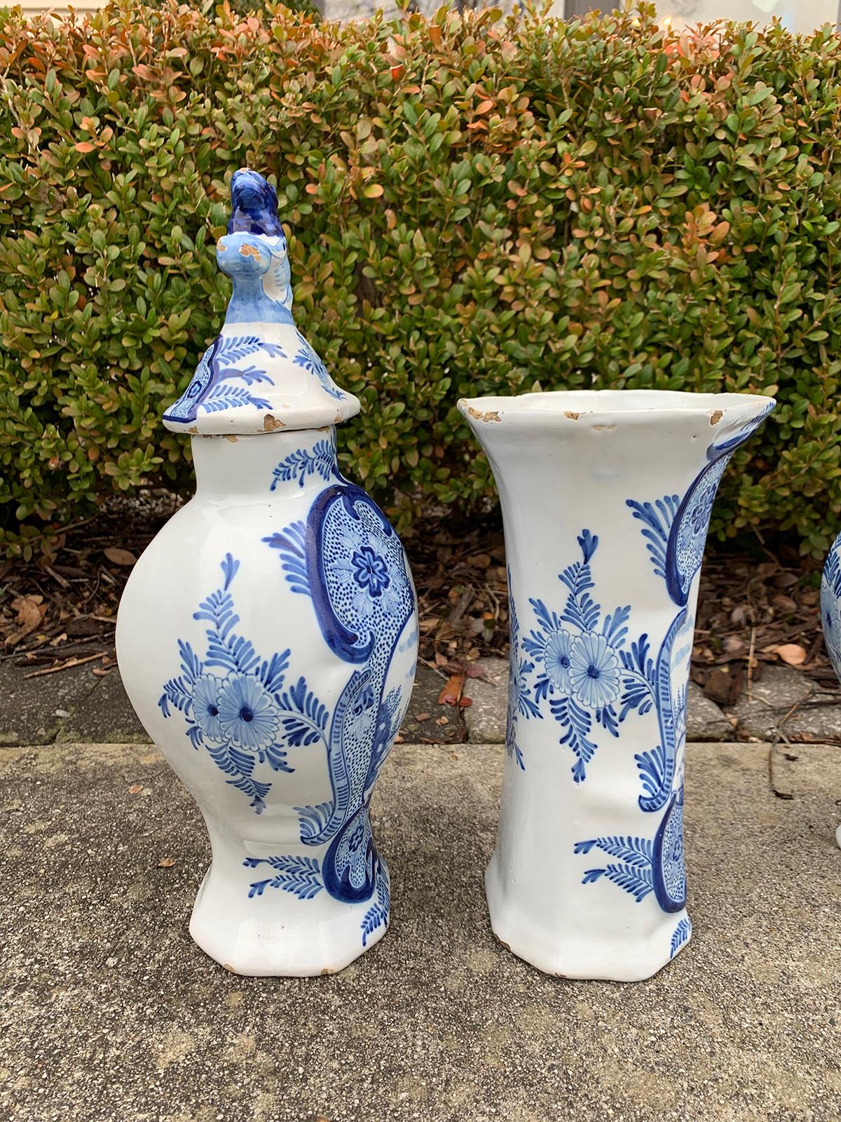 19th Century Five-Piece Delft-Style Blue and White Porcelain Garniture, Marked 4